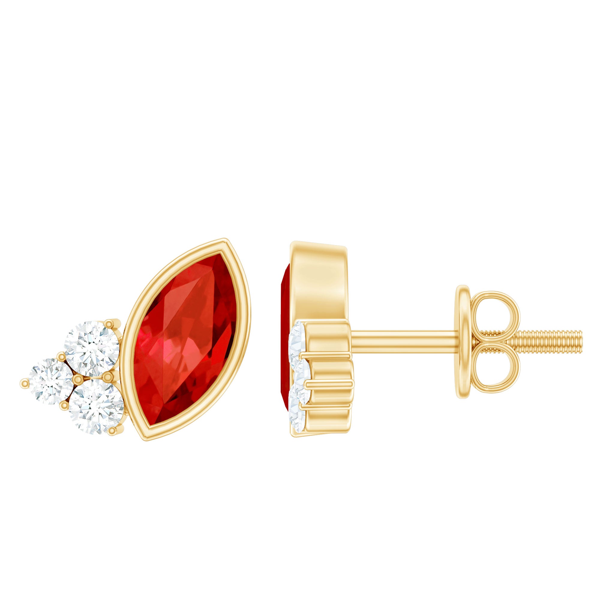 Real Half Carat Fire Opal Stud Earrings with Diamond AAA 14K Yellow Gold Plated Silver - Rosec Jewels
