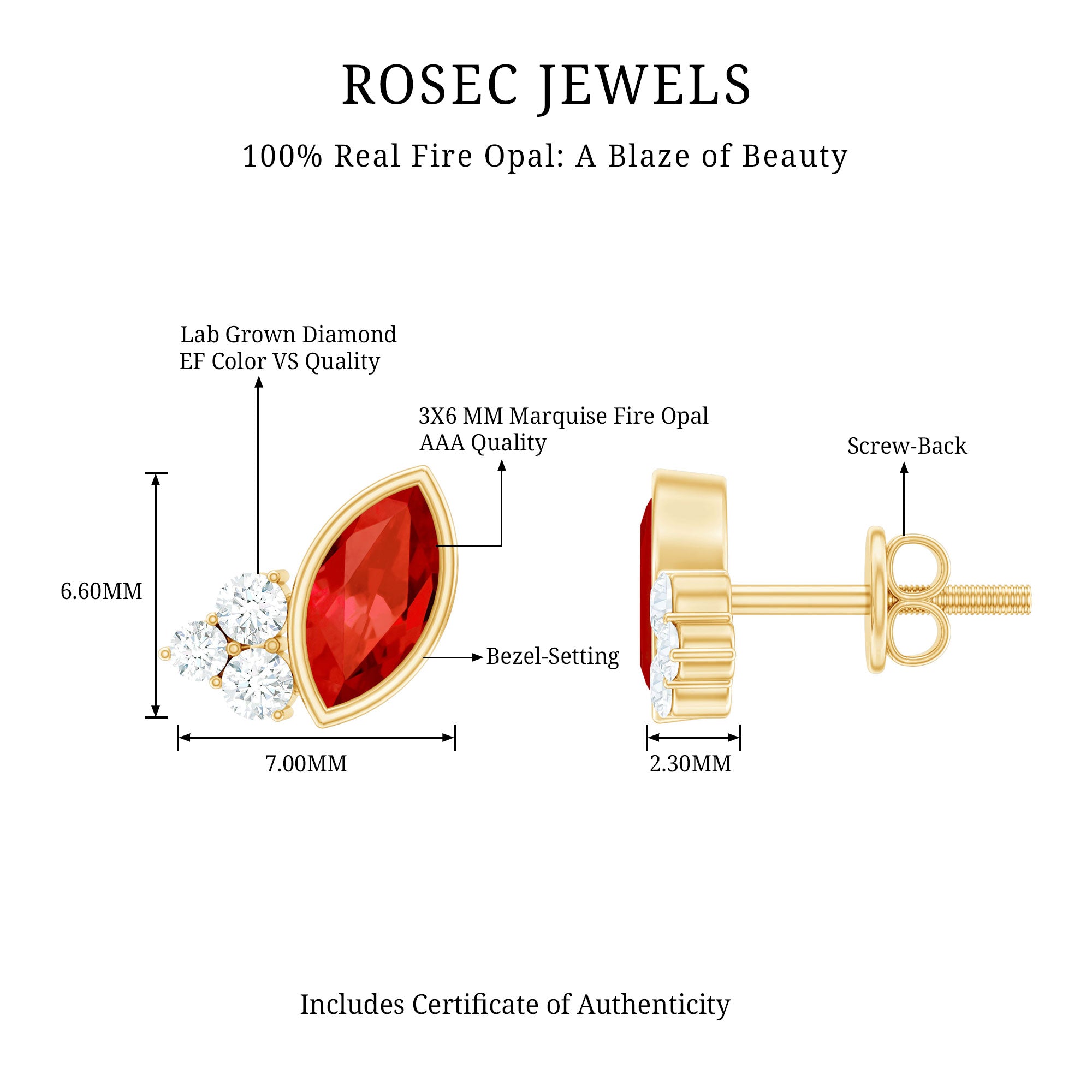 Real Half Carat Fire Opal Stud Earrings with Diamond AAA 14K Yellow Gold Plated Silver - Rosec Jewels