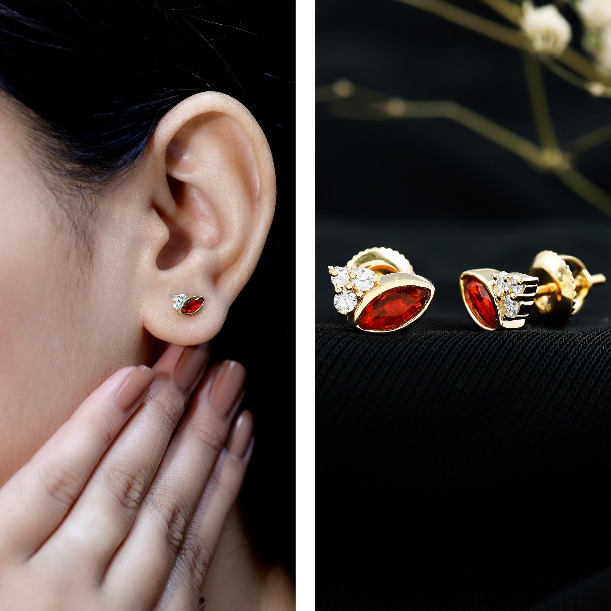 Real Half Carat Fire Opal Stud Earrings with Diamond AAA 14K Yellow Gold Plated Silver - Rosec Jewels