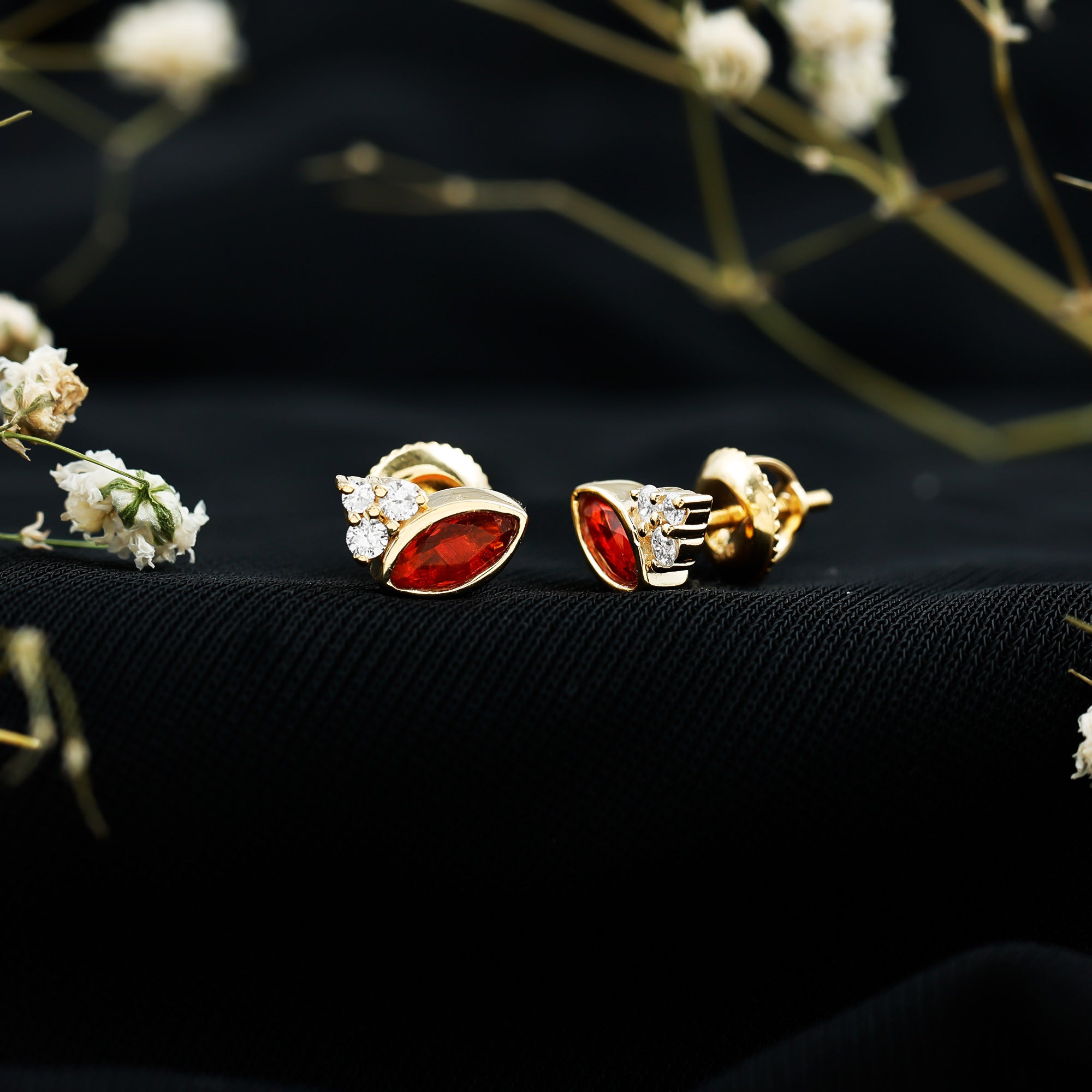 Real Half Carat Fire Opal Stud Earrings with Diamond AAA 14K Yellow Gold Plated Silver - Rosec Jewels
