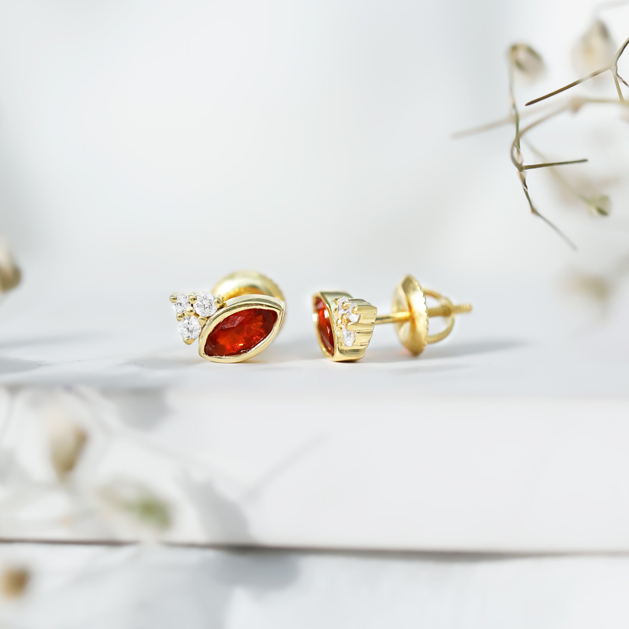 Real Half Carat Fire Opal Stud Earrings with Diamond AAA 14K Yellow Gold Plated Silver - Rosec Jewels