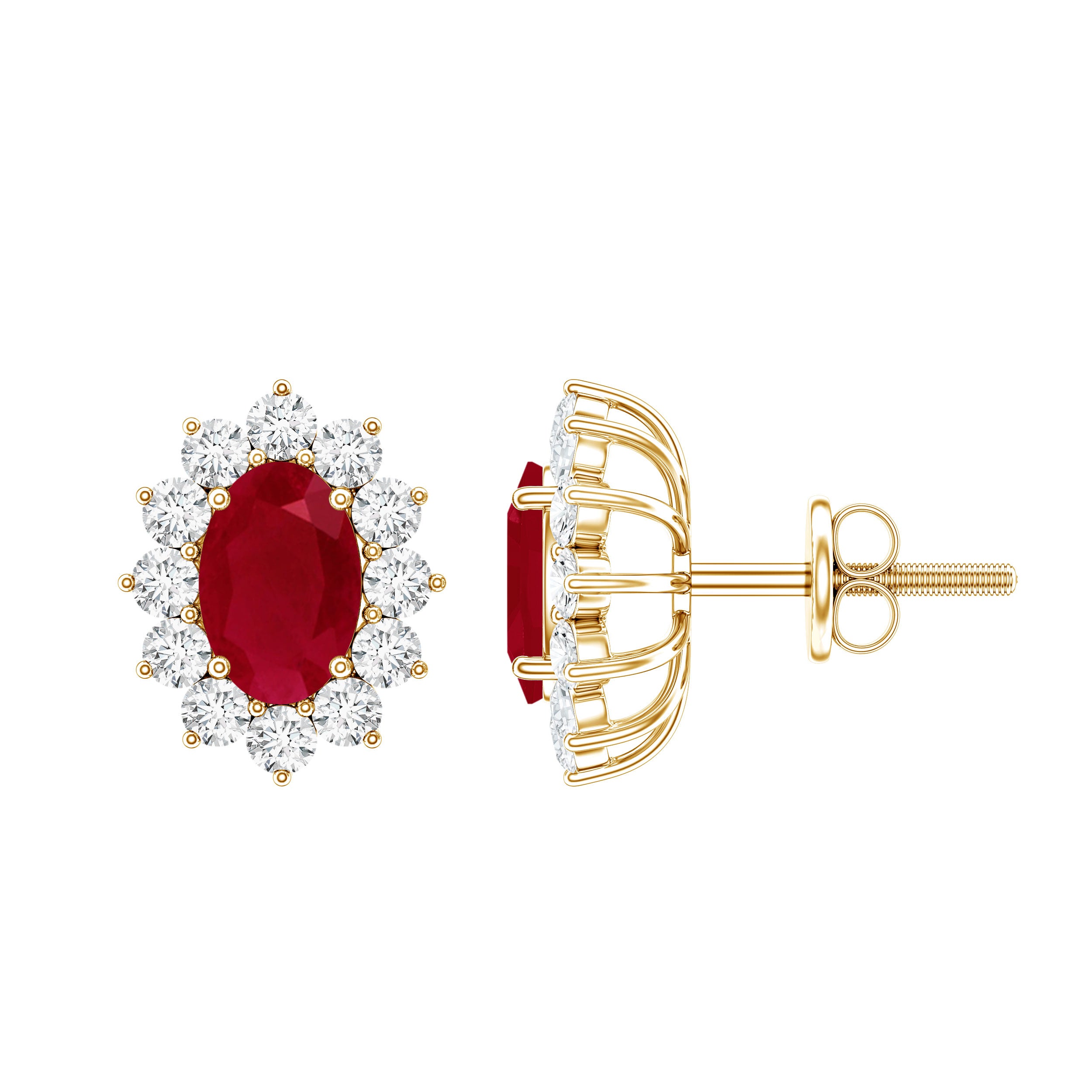 Natural 2 Carat Ruby Stud Earrings With Diamond Halo AAA 14K Yellow Gold Plated Silver - Rosec Jewels