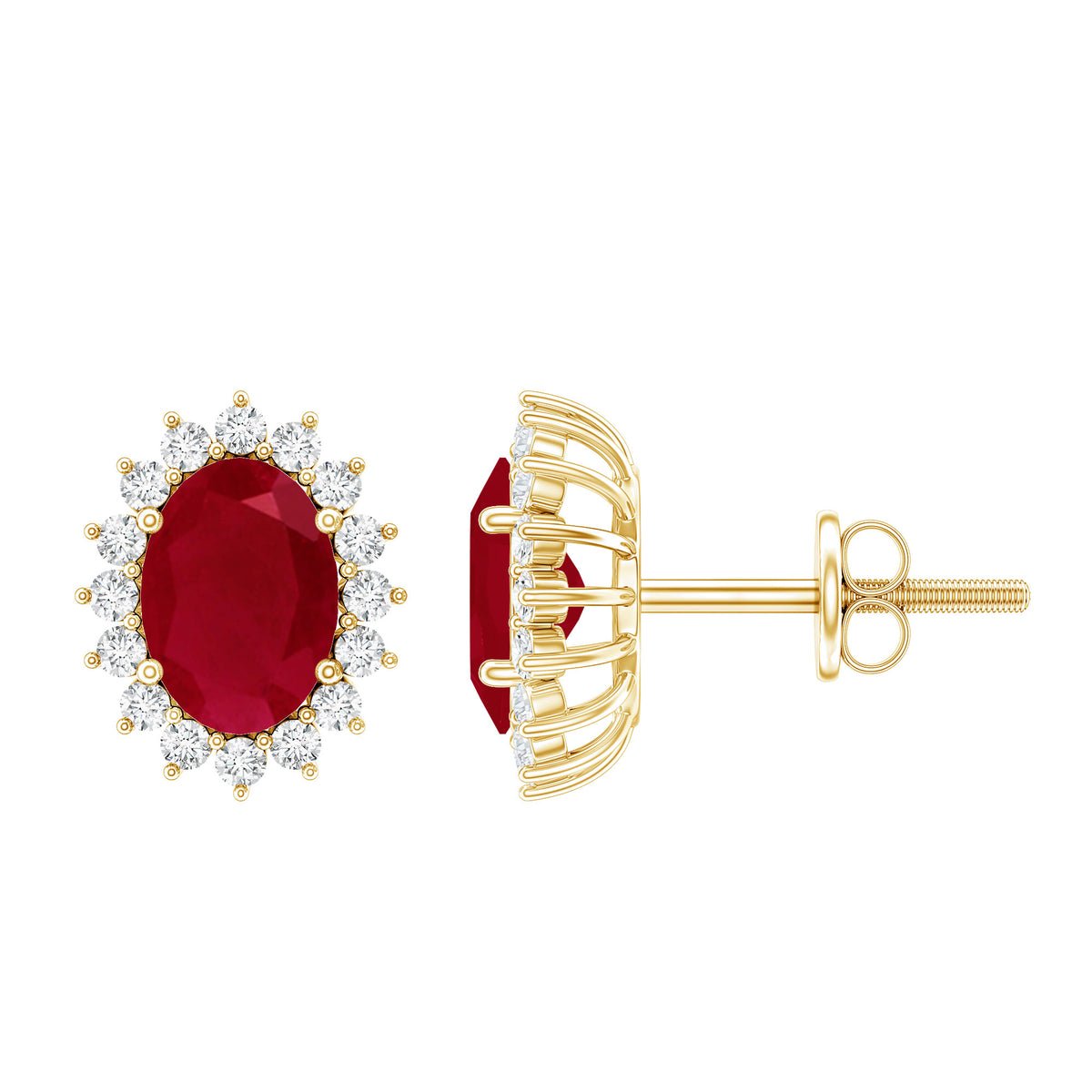 Natural 2 Carat Ruby Stud Earrings With Diamond Halo AAA 14K Yellow Gold Plated Silver - Rosec Jewels