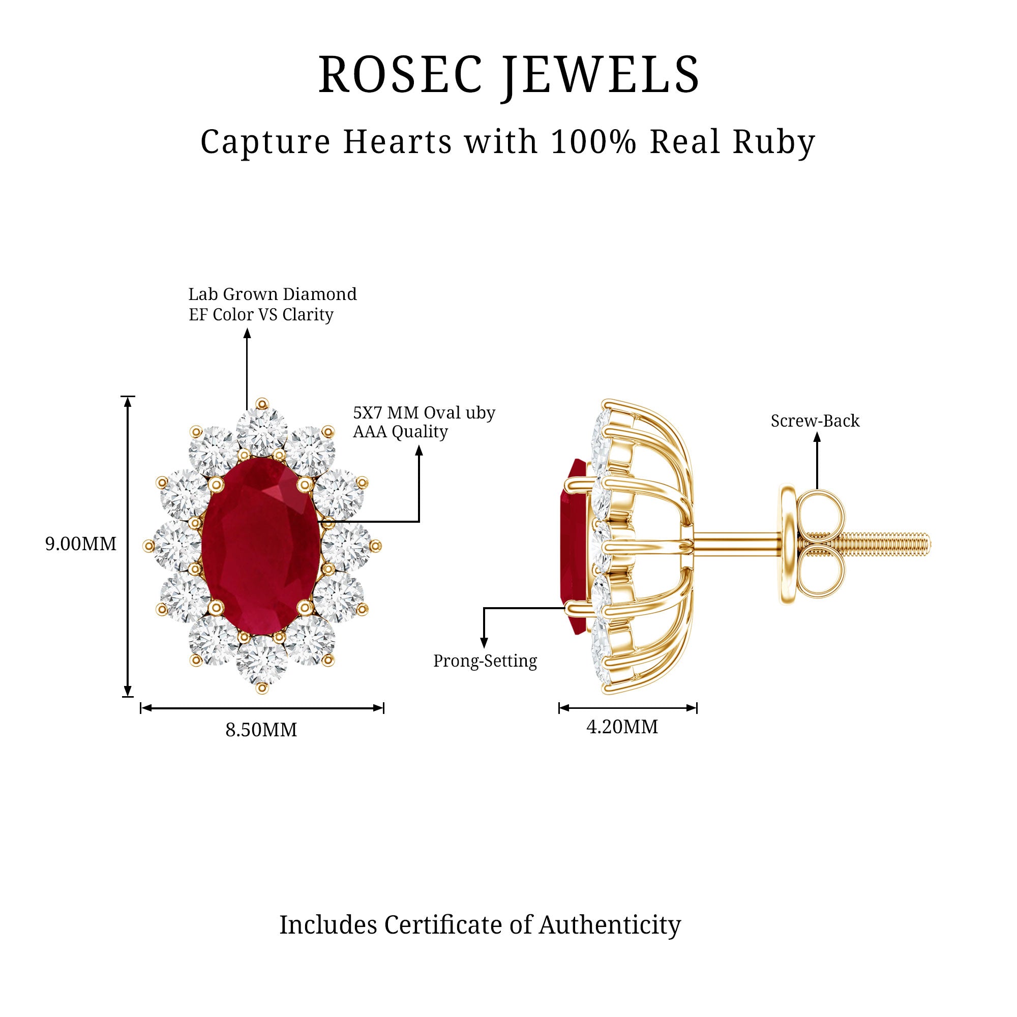 Natural 2 Carat Ruby Stud Earrings With Diamond Halo AAA 14K Yellow Gold Plated Silver - Rosec Jewels