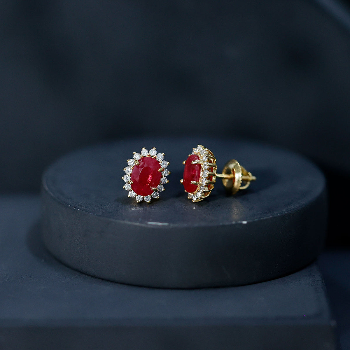 Natural 2 Carat Ruby Stud Earrings With Diamond Halo AAA 14K Yellow Gold Plated Silver - Rosec Jewels