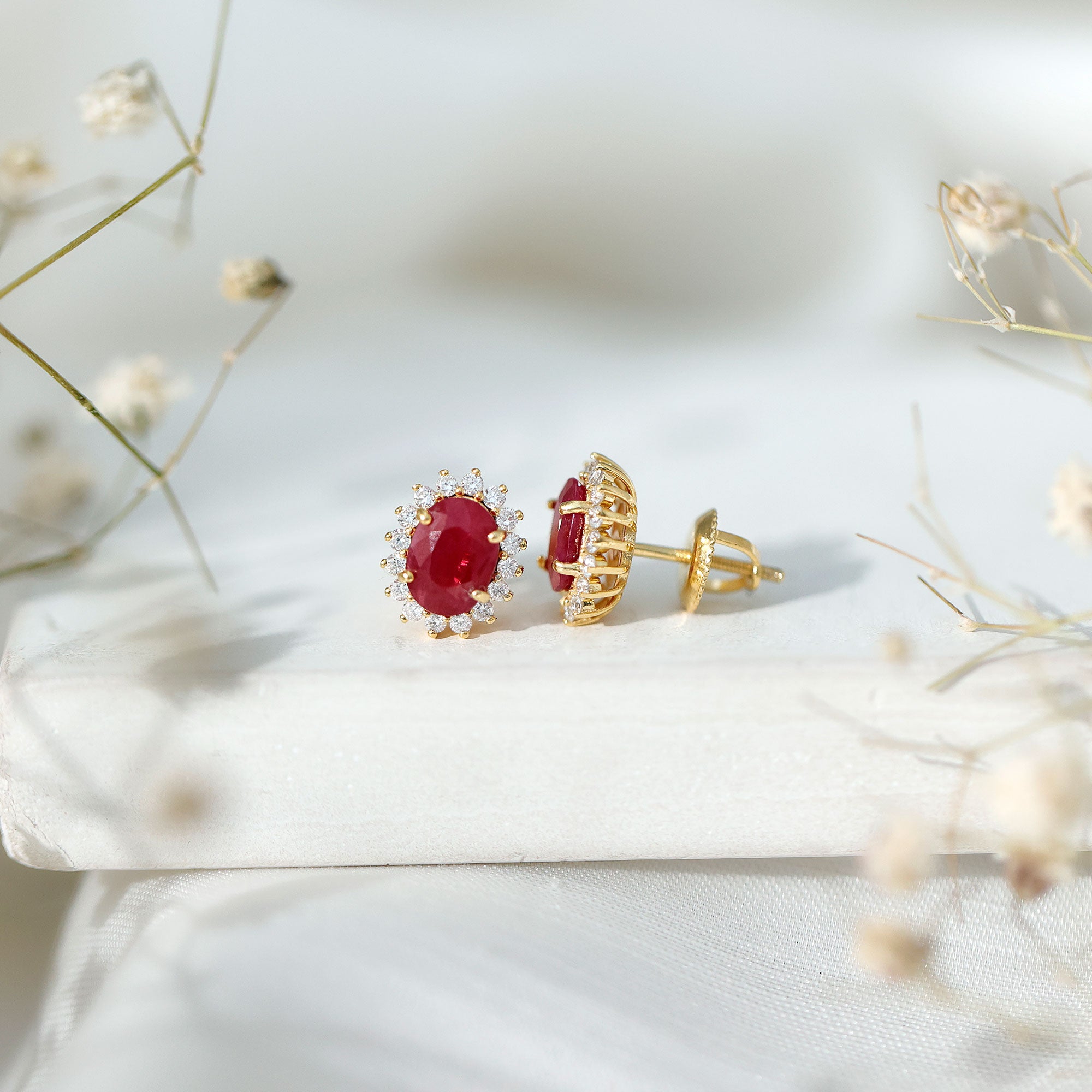 Natural 2 Carat Ruby Stud Earrings With Diamond Halo AAA 14K Yellow Gold Plated Silver - Rosec Jewels
