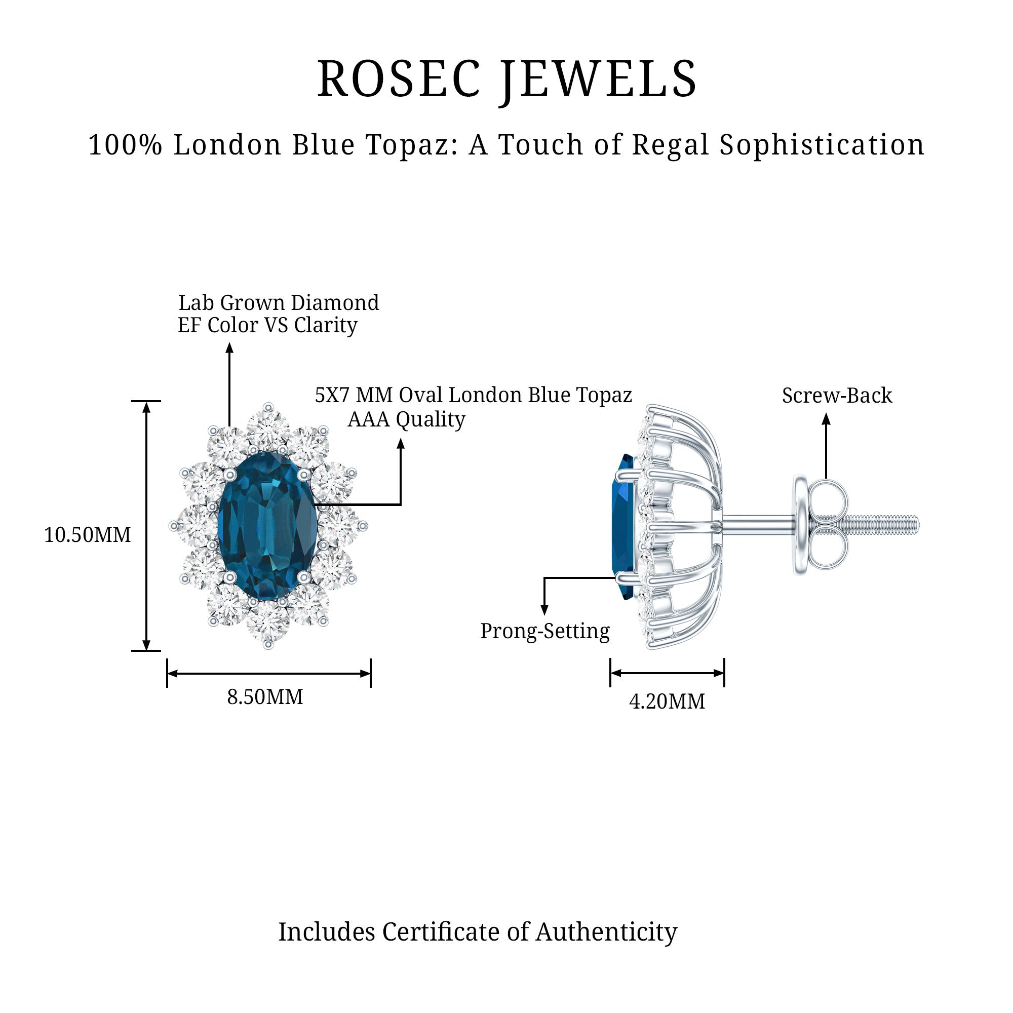 1.6 Carat Oval London Blue Topaz Stud Earrings with Diamond Halo AAA 92.5 Sterling Silver - Rosec Jewels