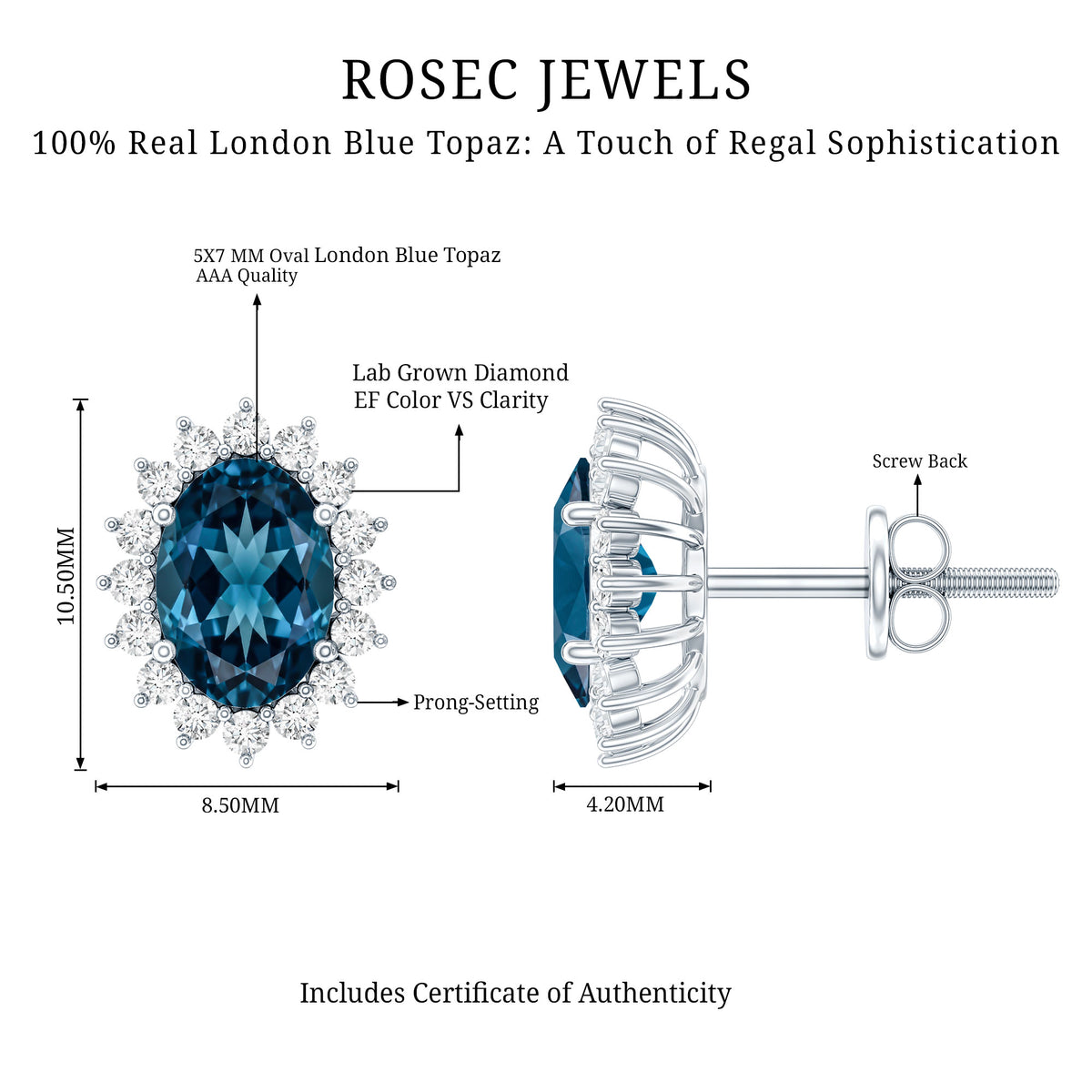 1.6 Carat Oval London Blue Topaz Stud Earrings with Diamond Halo AAA 92.5 Sterling Silver - Rosec Jewels