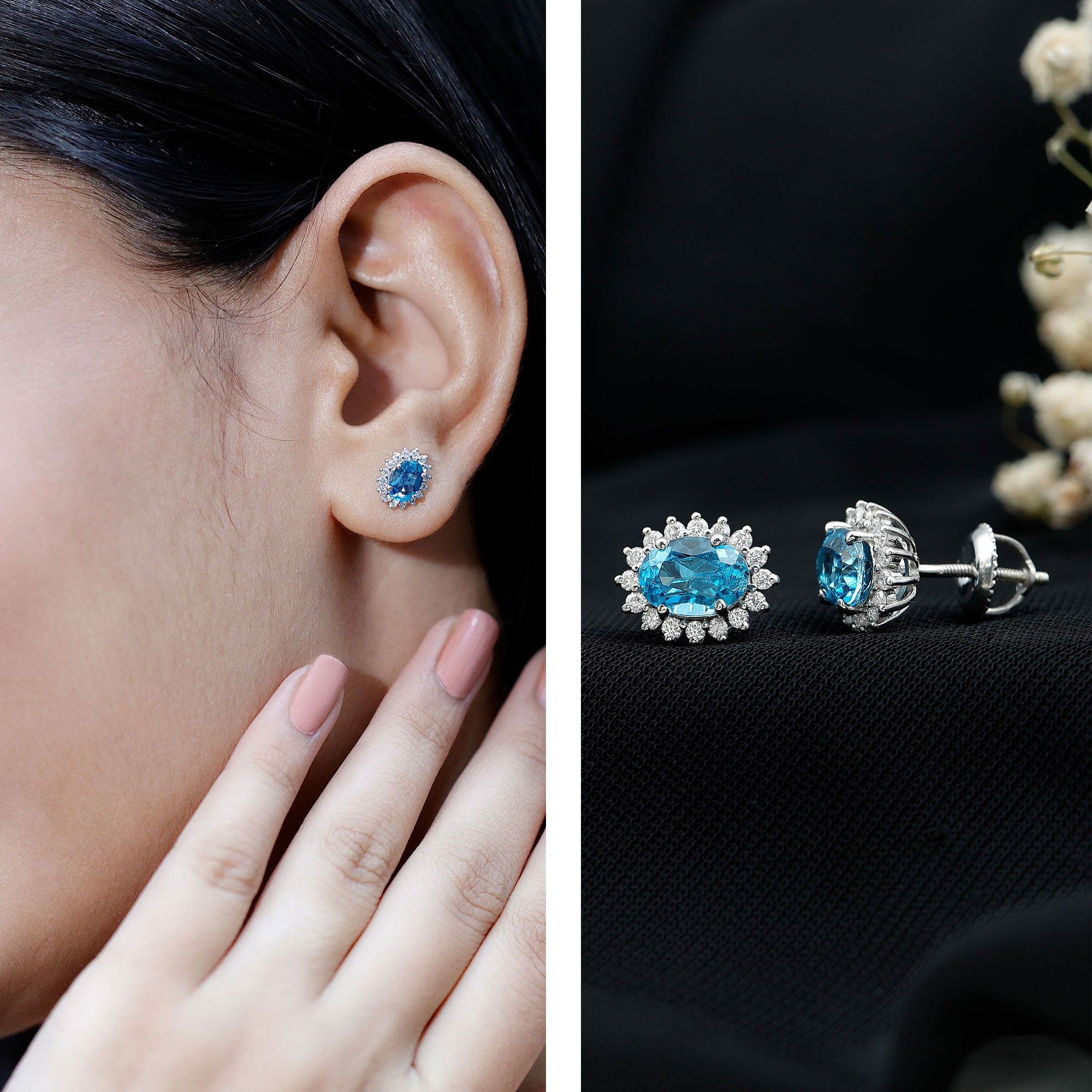 1.6 Carat Oval London Blue Topaz Stud Earrings with Diamond Halo AAA 92.5 Sterling Silver - Rosec Jewels