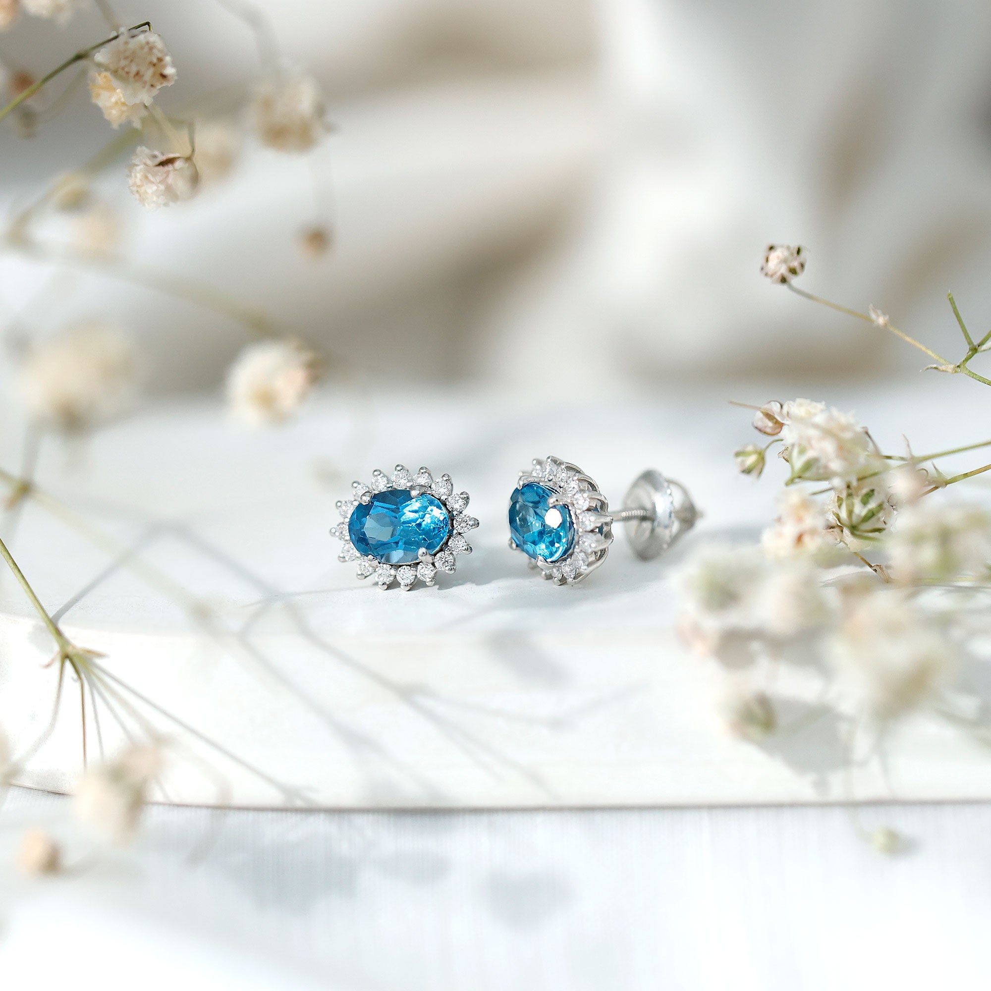 1.6 Carat Oval London Blue Topaz Stud Earrings with Diamond Halo AAA 92.5 Sterling Silver - Rosec Jewels