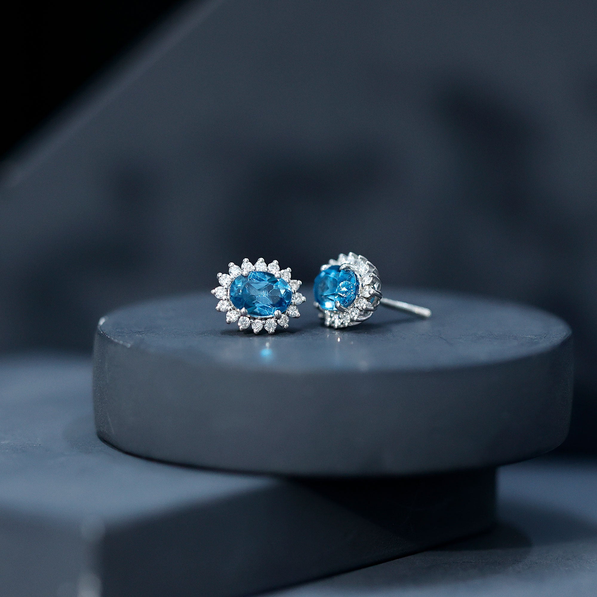 1.6 Carat Oval London Blue Topaz Stud Earrings with Diamond Halo AAA 92.5 Sterling Silver - Rosec Jewels
