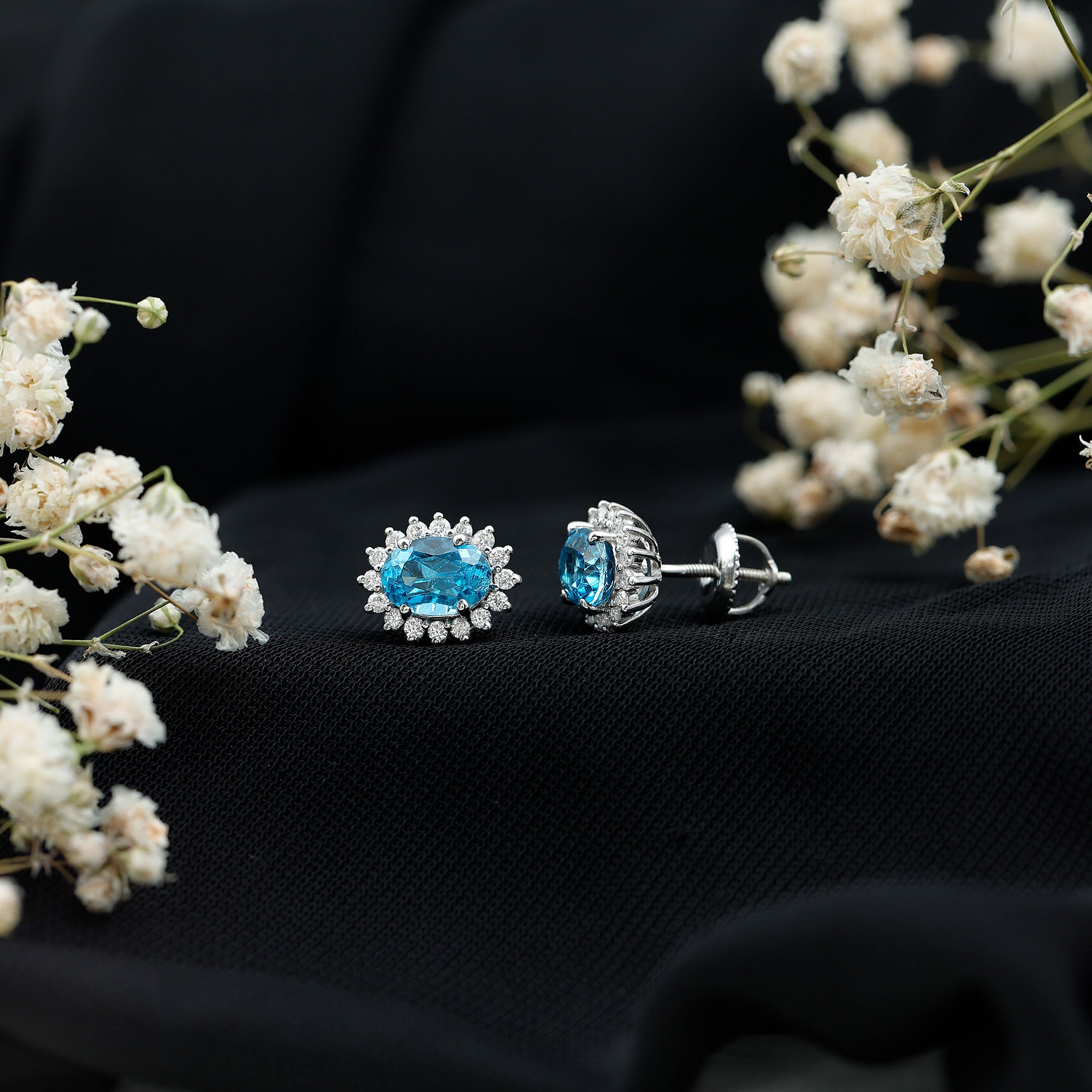 1.6 Carat Oval London Blue Topaz Stud Earrings with Diamond Halo AAA 92.5 Sterling Silver - Rosec Jewels