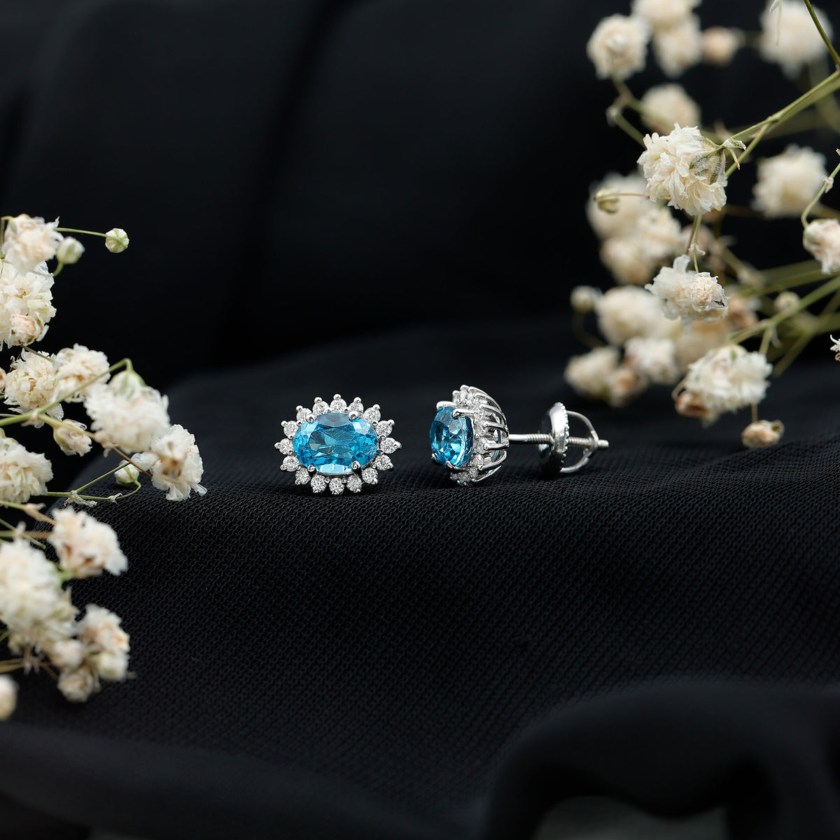 1.6 Carat Oval London Blue Topaz Stud Earrings with Diamond Halo AAA 92.5 Sterling Silver - Rosec Jewels