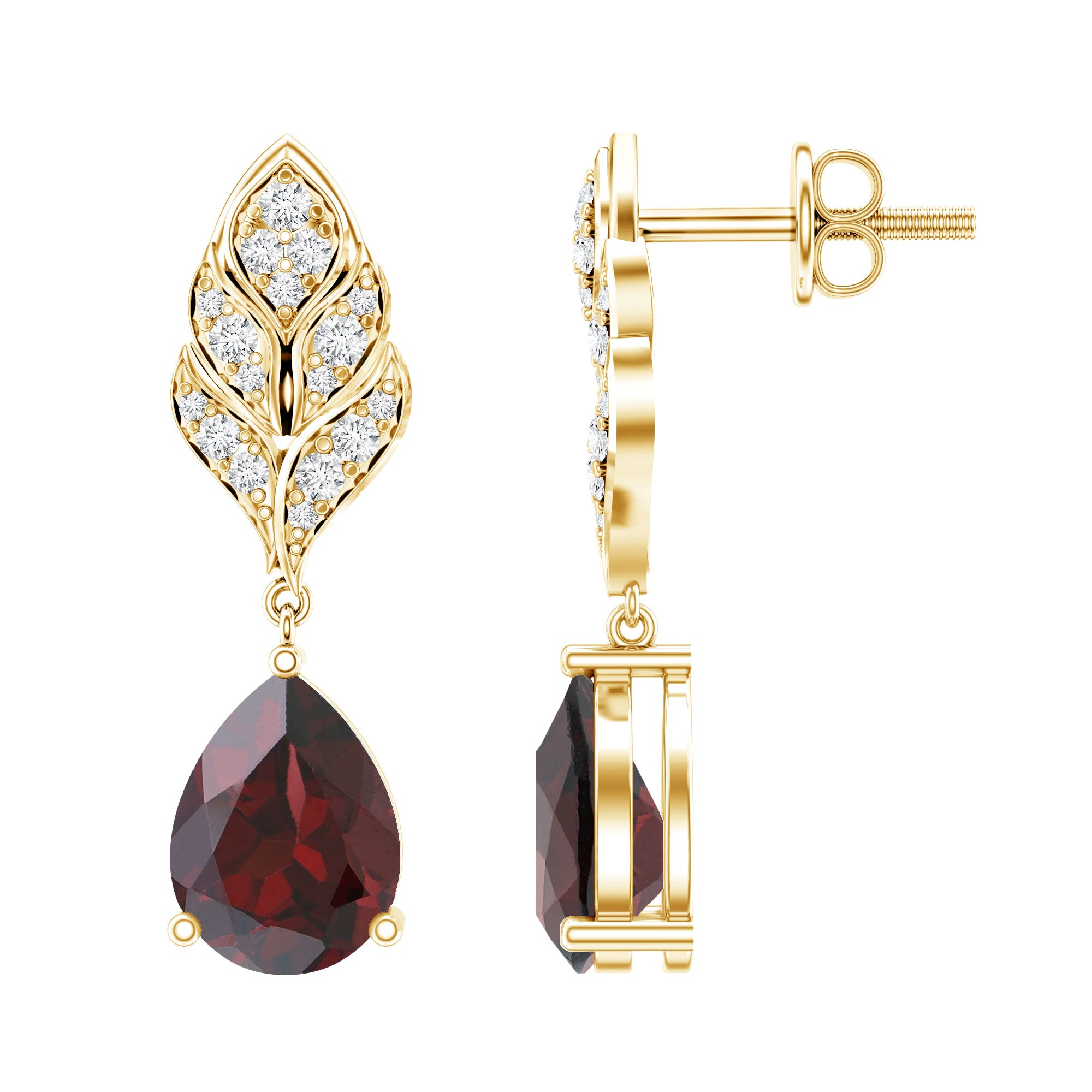 Genuine 3 Carat Garnet Teardrop Earrings with Diamond Leaf AAA 14K Yellow Gold Plated Silver - Rosec Jewels