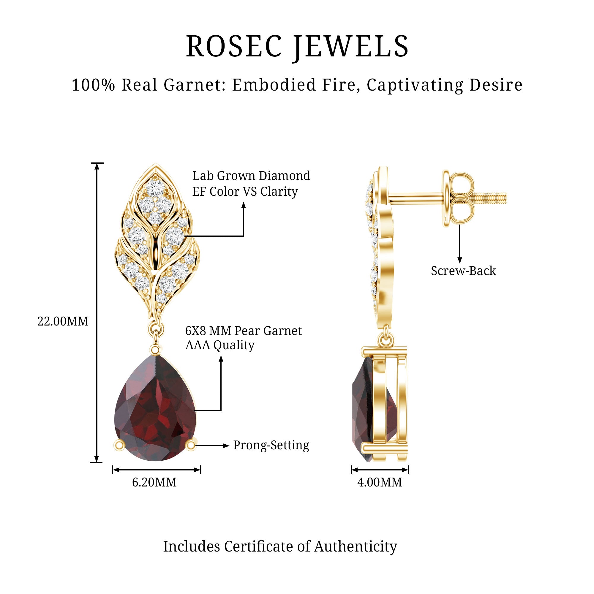 Genuine 3 Carat Garnet Teardrop Earrings with Diamond Leaf AAA 14K Yellow Gold Plated Silver - Rosec Jewels