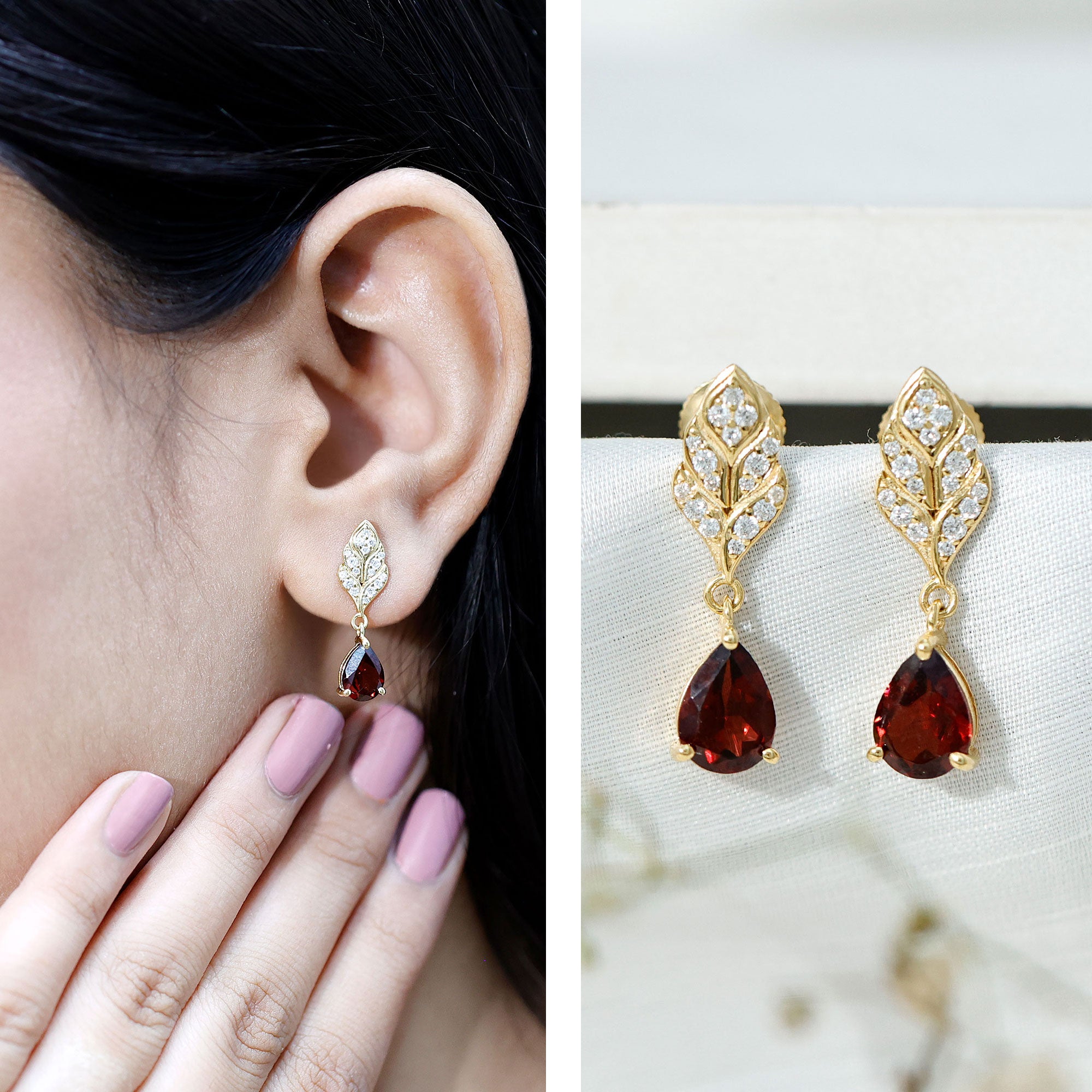 Genuine 3 Carat Garnet Teardrop Earrings with Diamond Leaf AAA 14K Yellow Gold Plated Silver - Rosec Jewels
