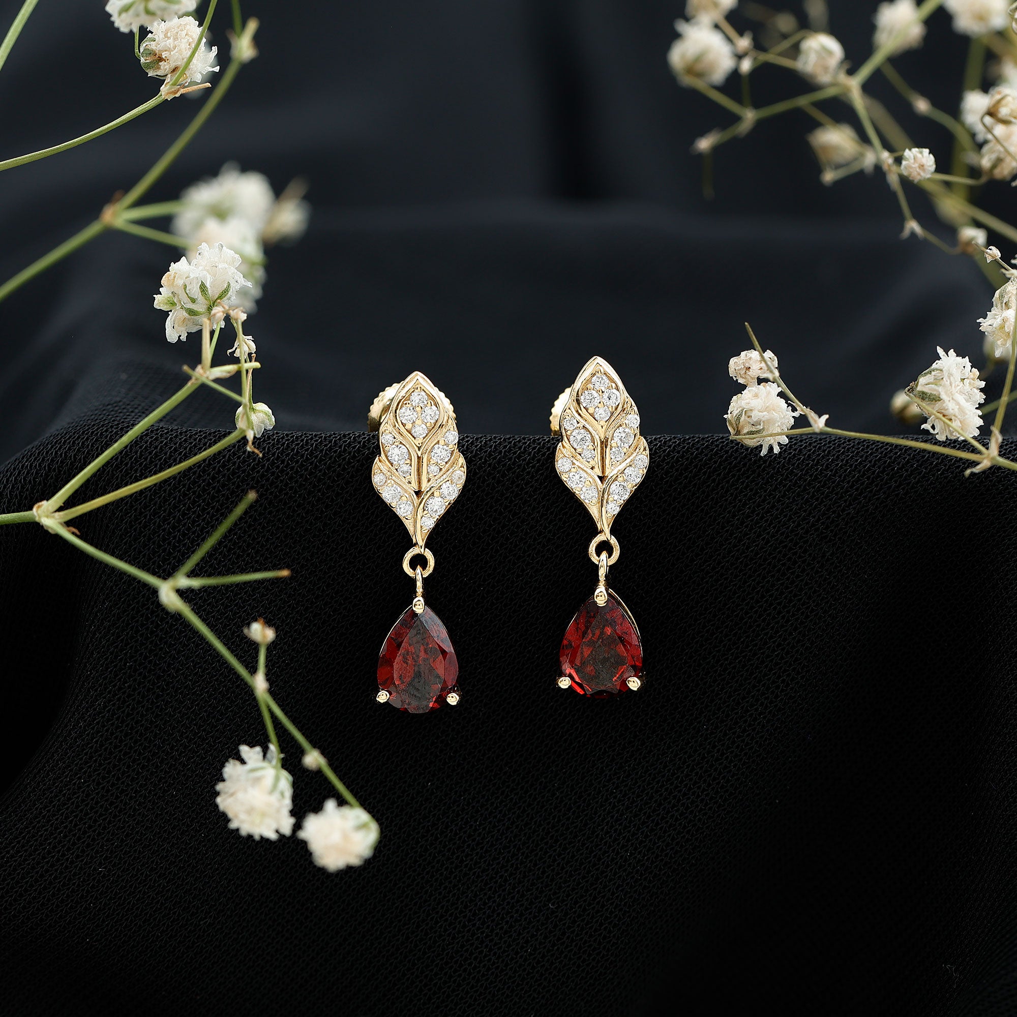 Genuine 3 Carat Garnet Teardrop Earrings with Diamond Leaf AAA 14K Yellow Gold Plated Silver - Rosec Jewels