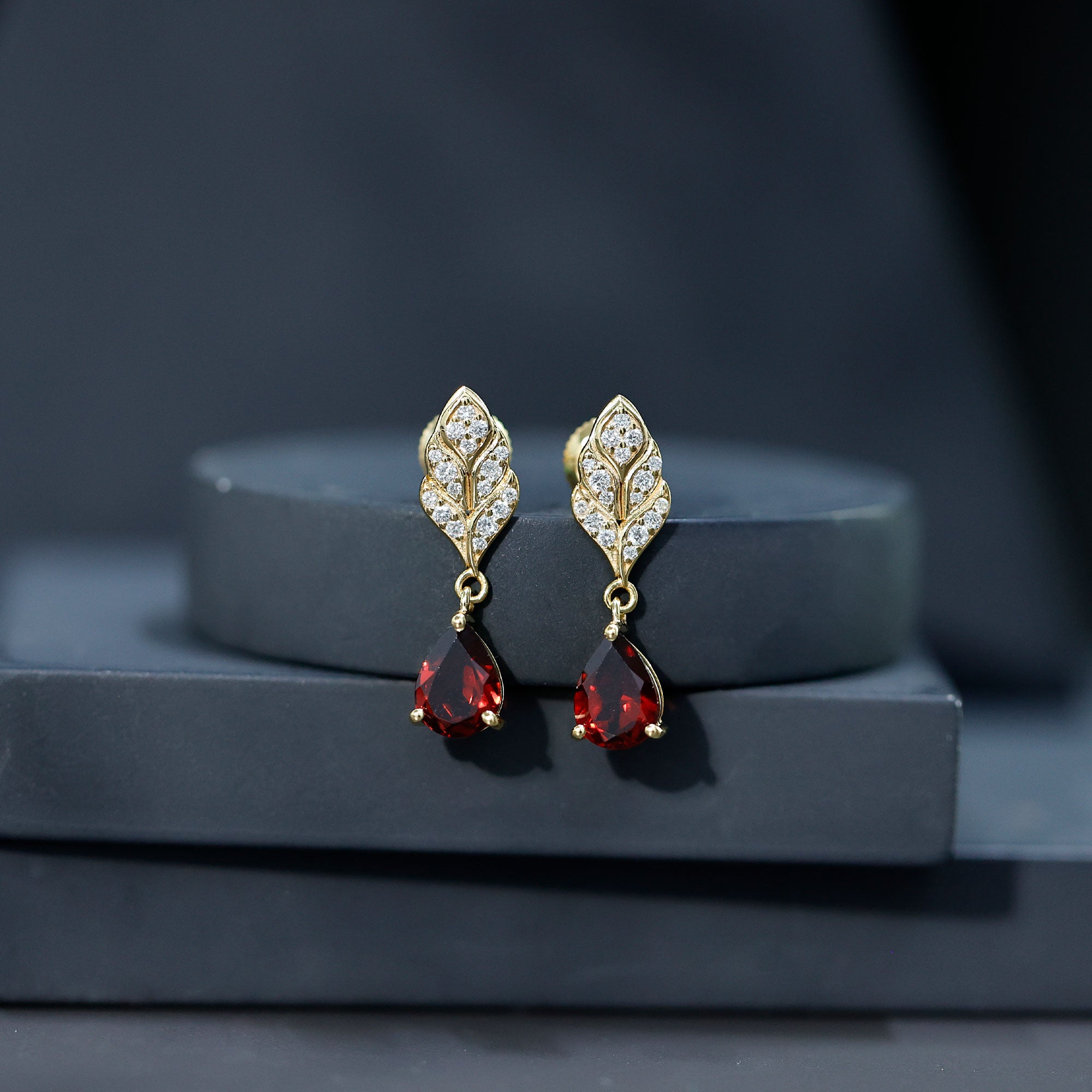 Genuine 3 Carat Garnet Teardrop Earrings with Diamond Leaf AAA 14K Yellow Gold Plated Silver - Rosec Jewels