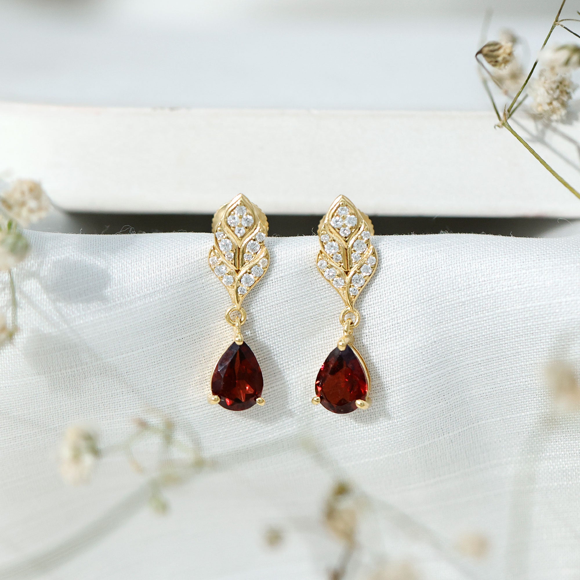 Genuine 3 Carat Garnet Teardrop Earrings with Diamond Leaf AAA 14K Yellow Gold Plated Silver - Rosec Jewels