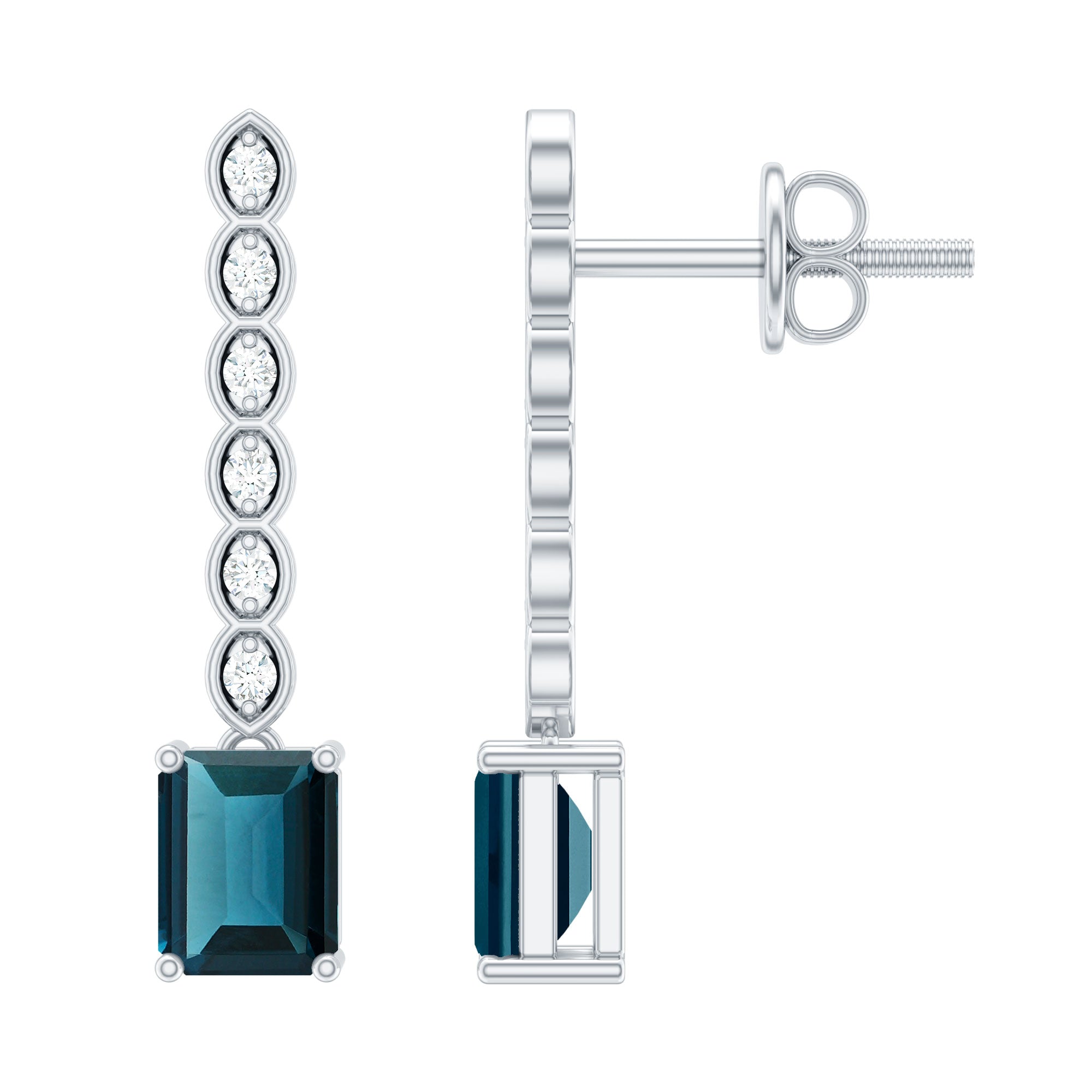 Half Carat Emerald Cut London Blue Topaz Dangle Drop Earrings with Diamond AAA 92.5 Sterling Silver - Rosec Jewels