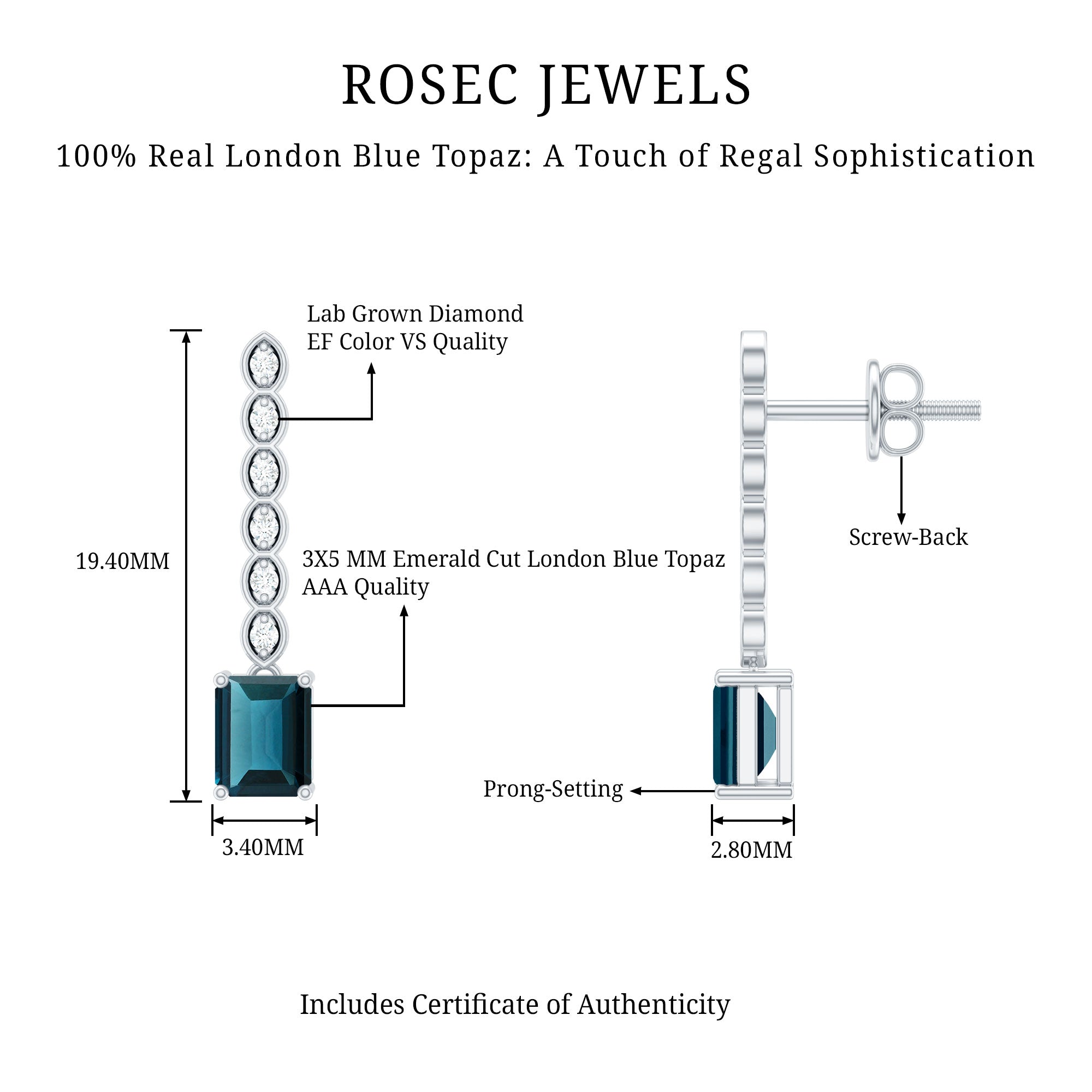 Half Carat Emerald Cut London Blue Topaz Dangle Drop Earrings with Diamond AAA 92.5 Sterling Silver - Rosec Jewels