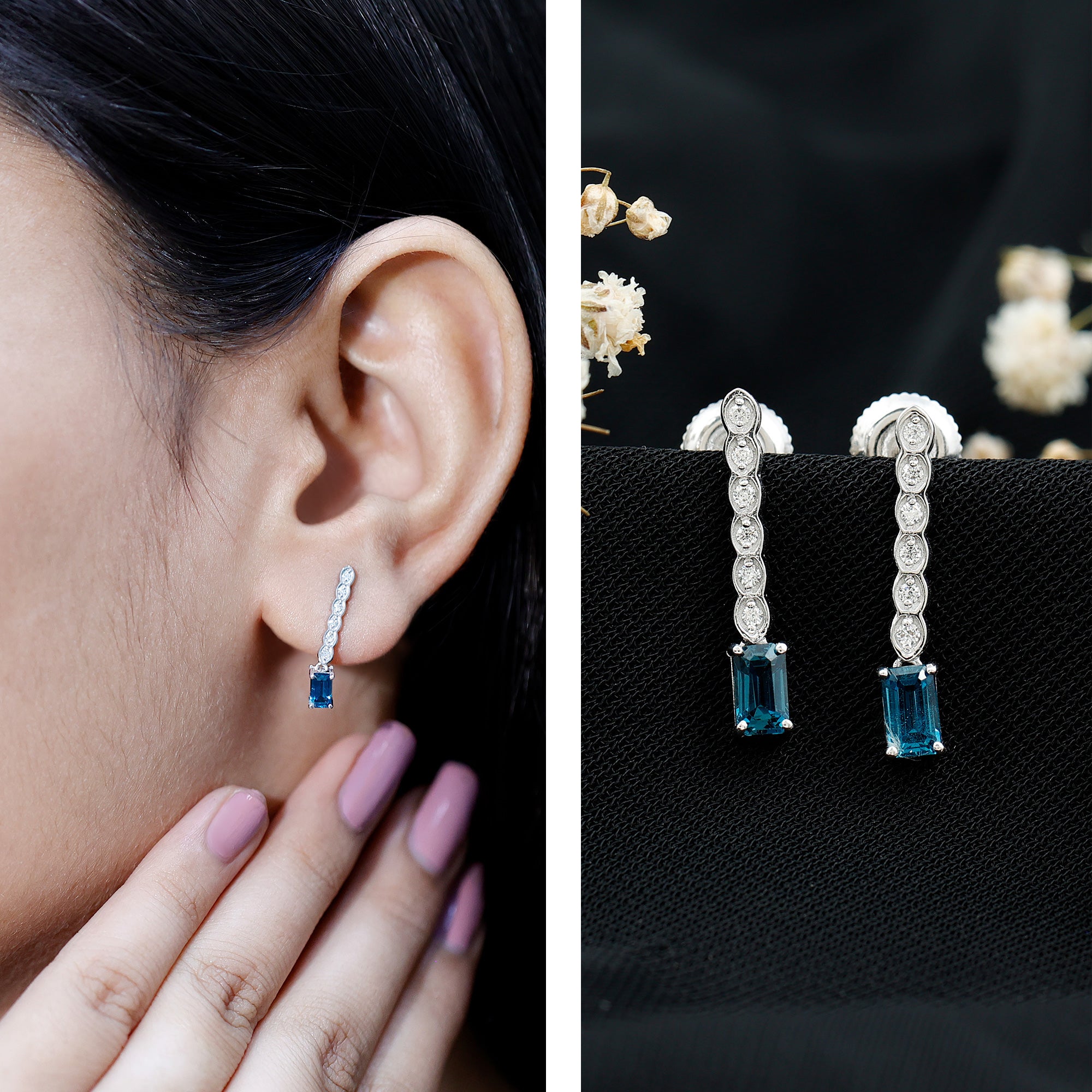 Half Carat Emerald Cut London Blue Topaz Dangle Drop Earrings with Diamond AAA 92.5 Sterling Silver - Rosec Jewels