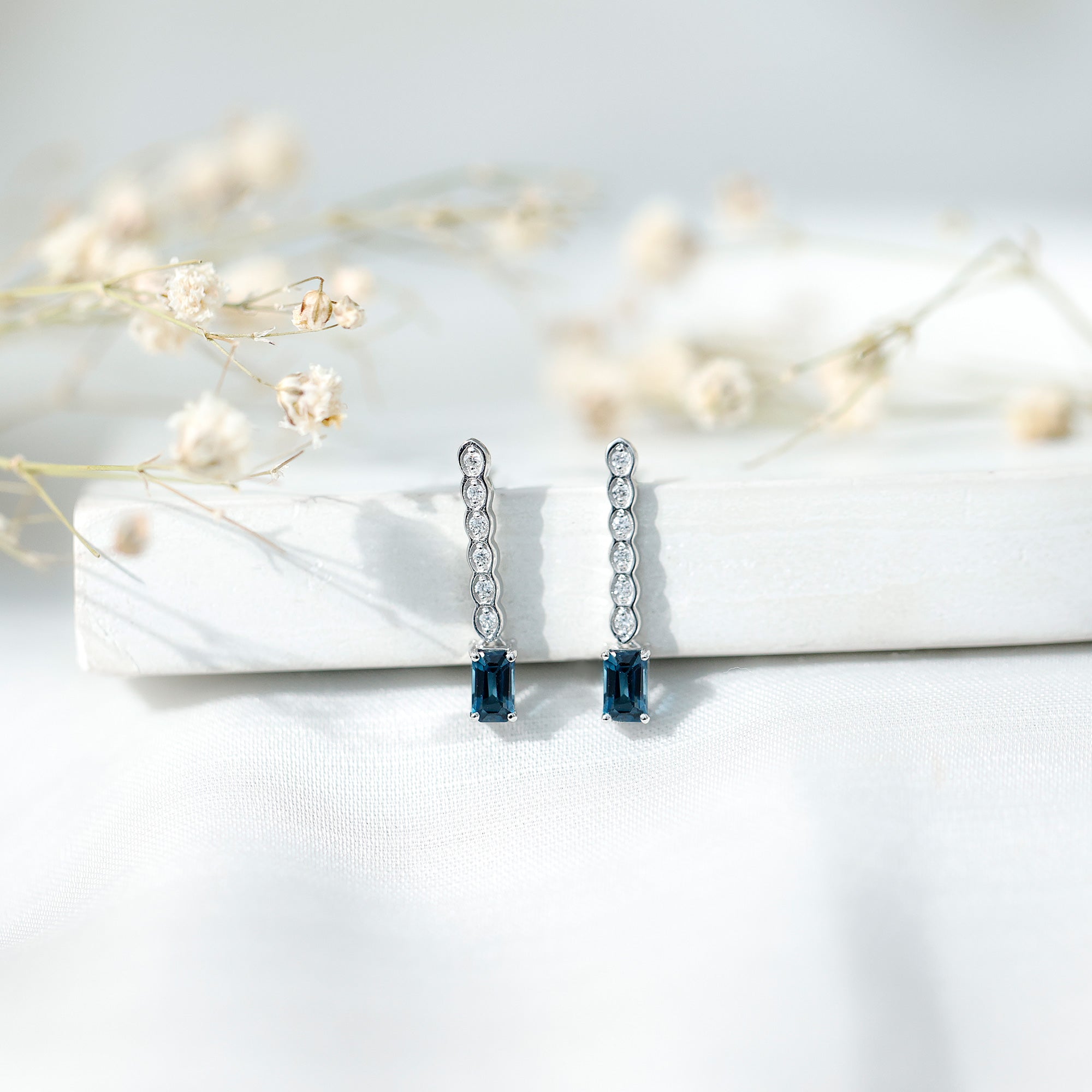 Half Carat Emerald Cut London Blue Topaz Dangle Drop Earrings with Diamond AAA 92.5 Sterling Silver - Rosec Jewels