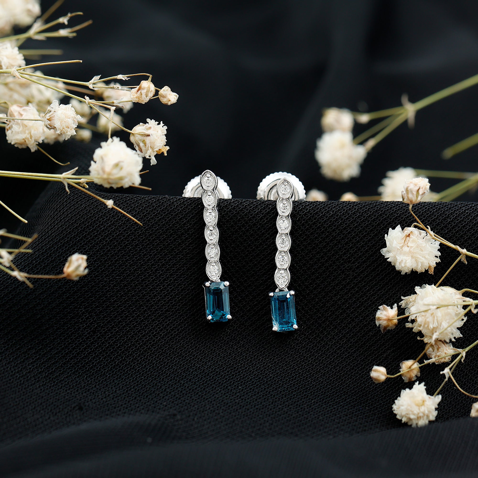 Half Carat Emerald Cut London Blue Topaz Dangle Drop Earrings with Diamond AAA 92.5 Sterling Silver - Rosec Jewels