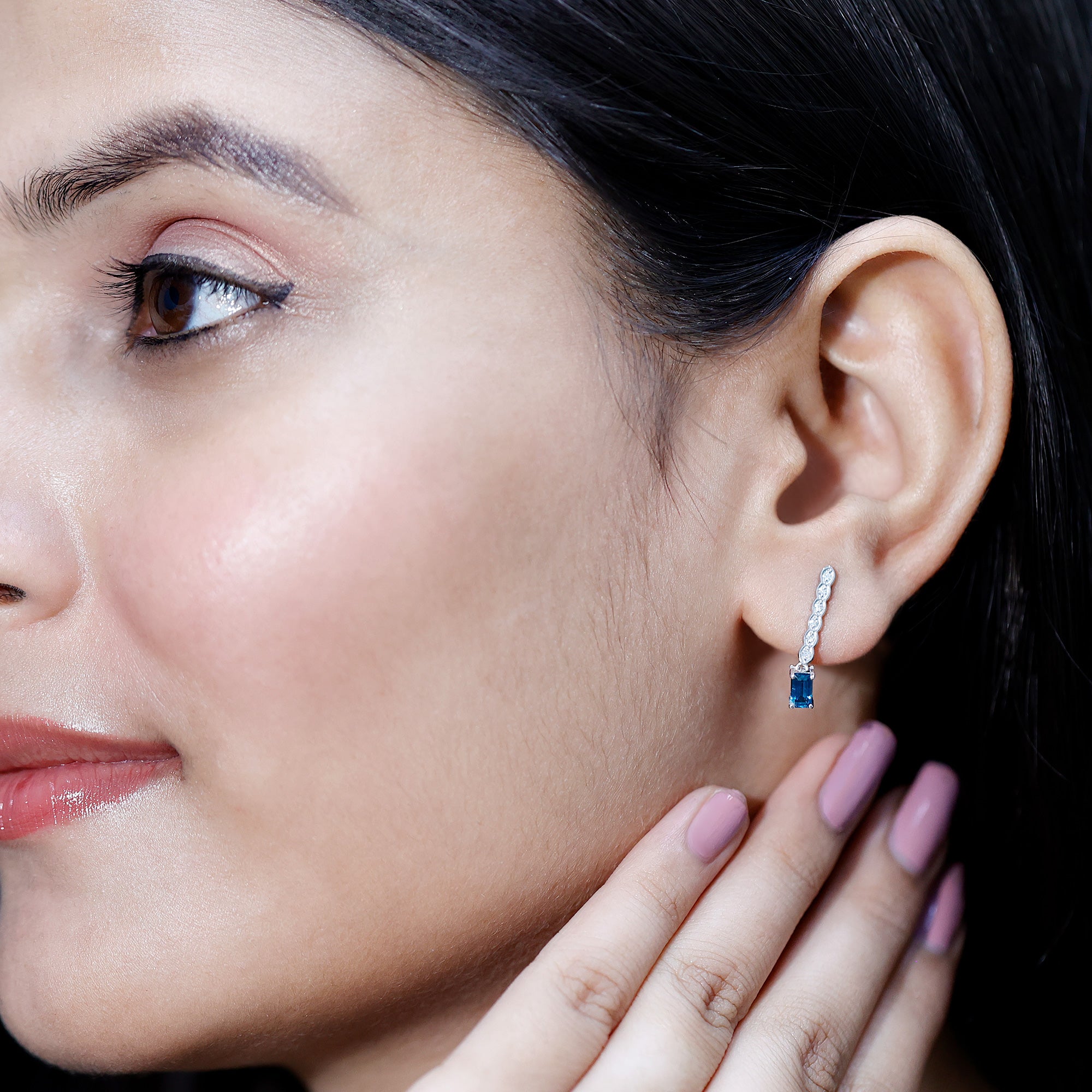 Half Carat Emerald Cut London Blue Topaz Dangle Drop Earrings with Diamond AAA 92.5 Sterling Silver - Rosec Jewels