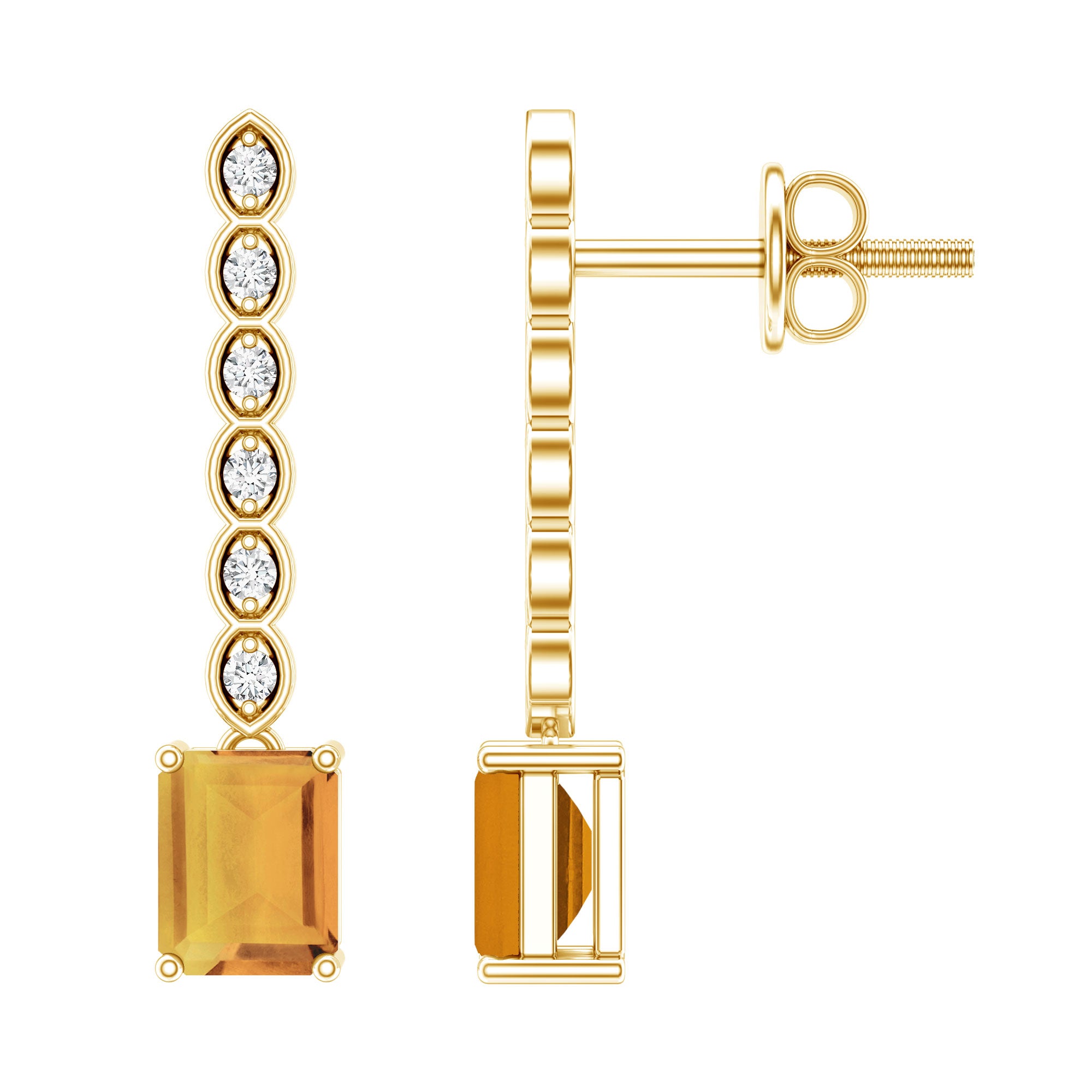 Emerald Cut Citrine and Diamond Bar Drop Earrings in Silver AAA 14K Yellow Gold Plated Silver - Rosec Jewels