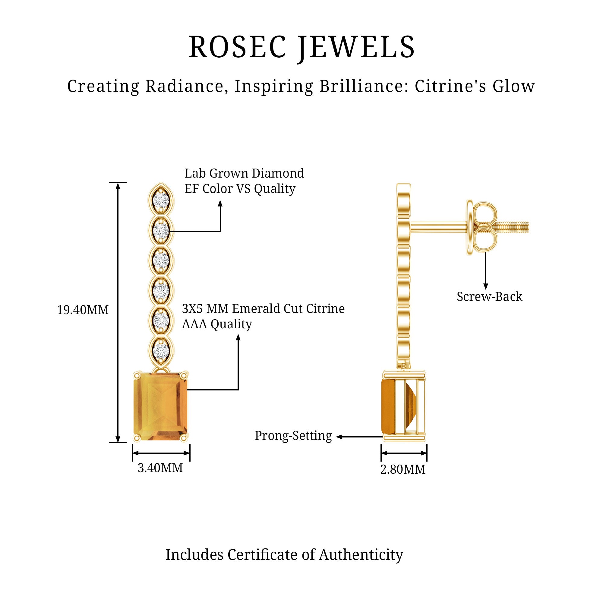 Emerald Cut Citrine and Diamond Bar Drop Earrings in Silver AAA 14K Yellow Gold Plated Silver - Rosec Jewels