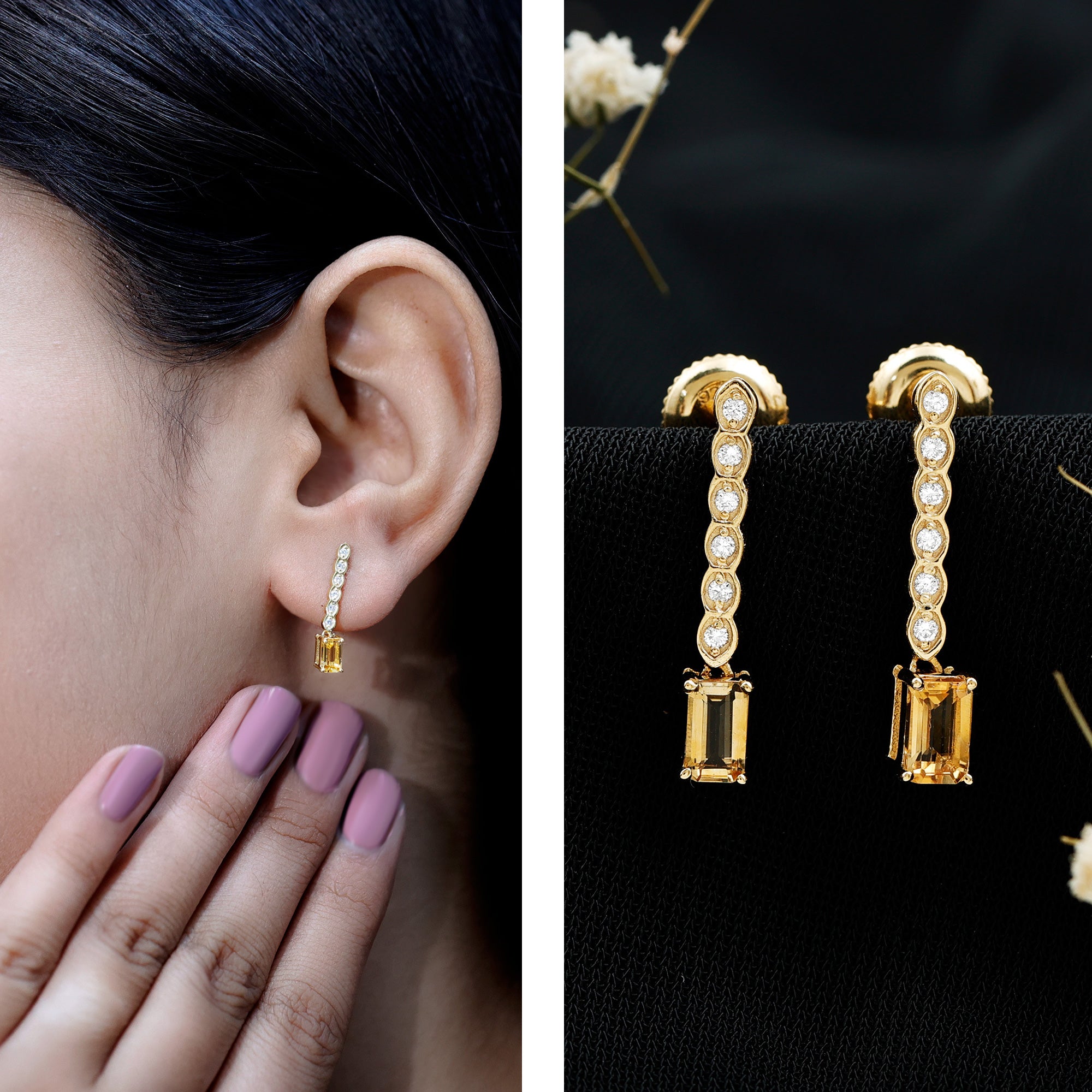 Emerald Cut Citrine and Diamond Bar Drop Earrings in Silver AAA 14K Yellow Gold Plated Silver - Rosec Jewels