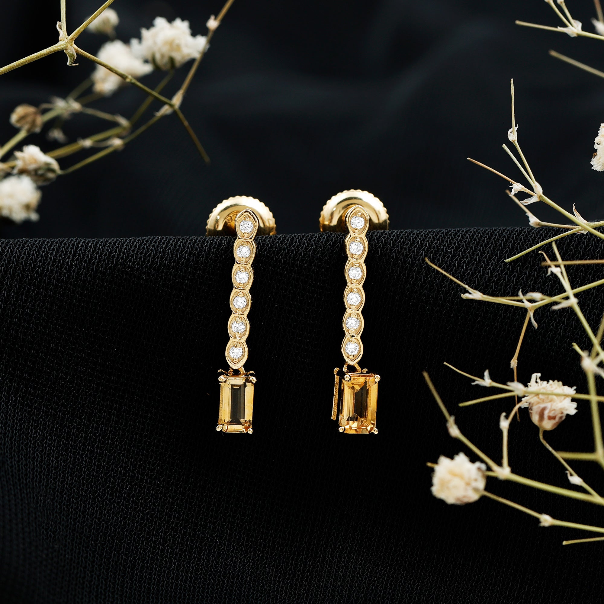 Emerald Cut Citrine and Diamond Bar Drop Earrings in Silver AAA 14K Yellow Gold Plated Silver - Rosec Jewels