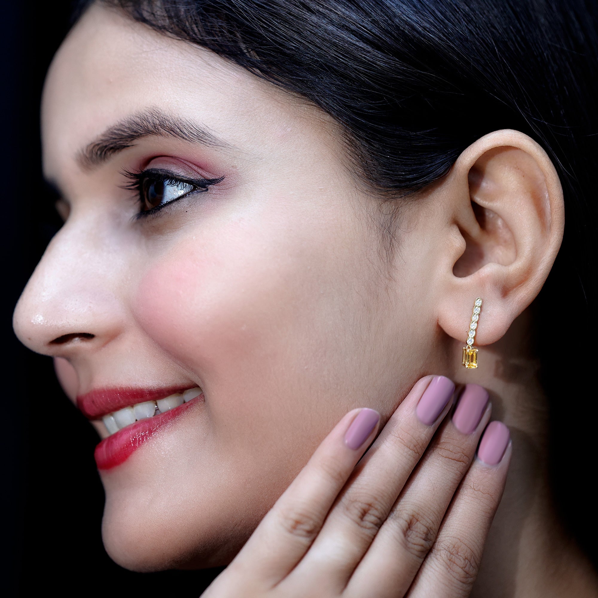 Emerald Cut Citrine and Diamond Bar Drop Earrings in Silver AAA 14K Yellow Gold Plated Silver - Rosec Jewels