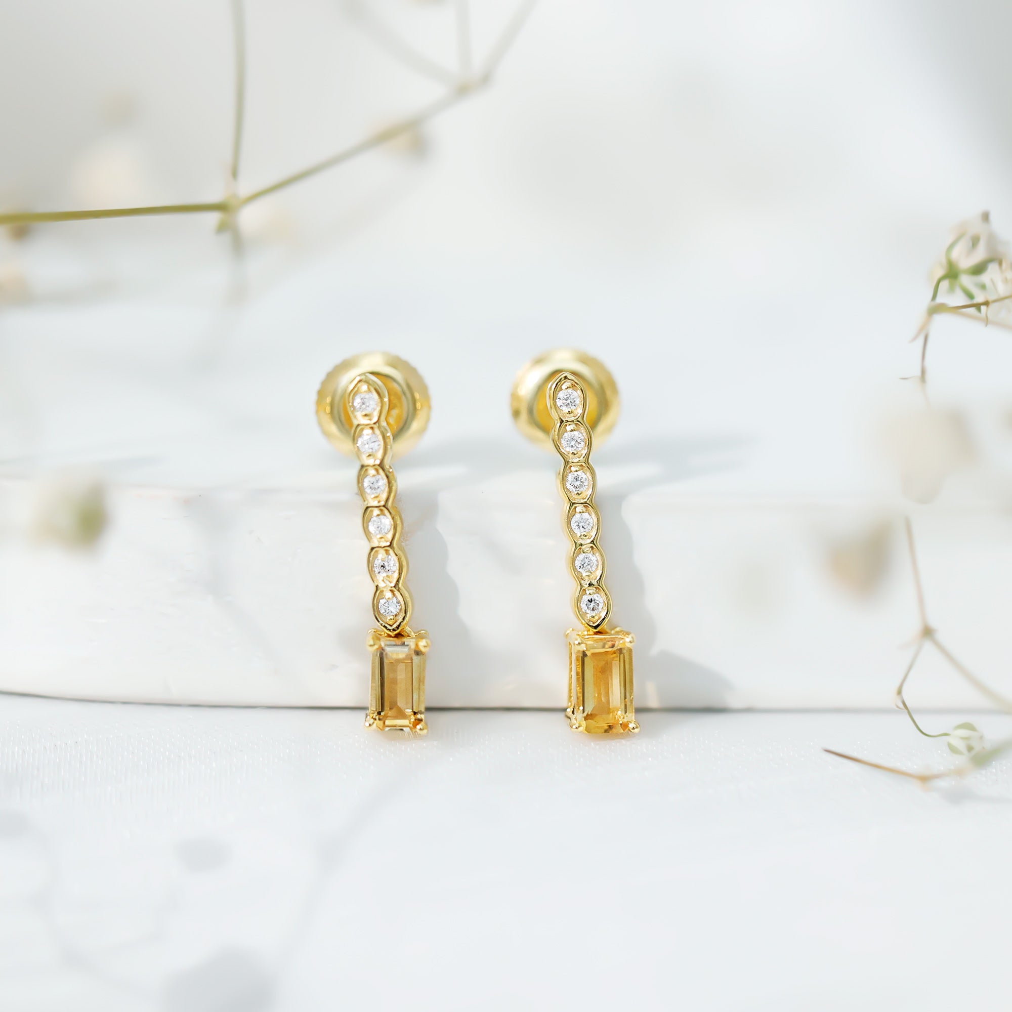 Emerald Cut Citrine and Diamond Bar Drop Earrings in Silver AAA 14K Yellow Gold Plated Silver - Rosec Jewels