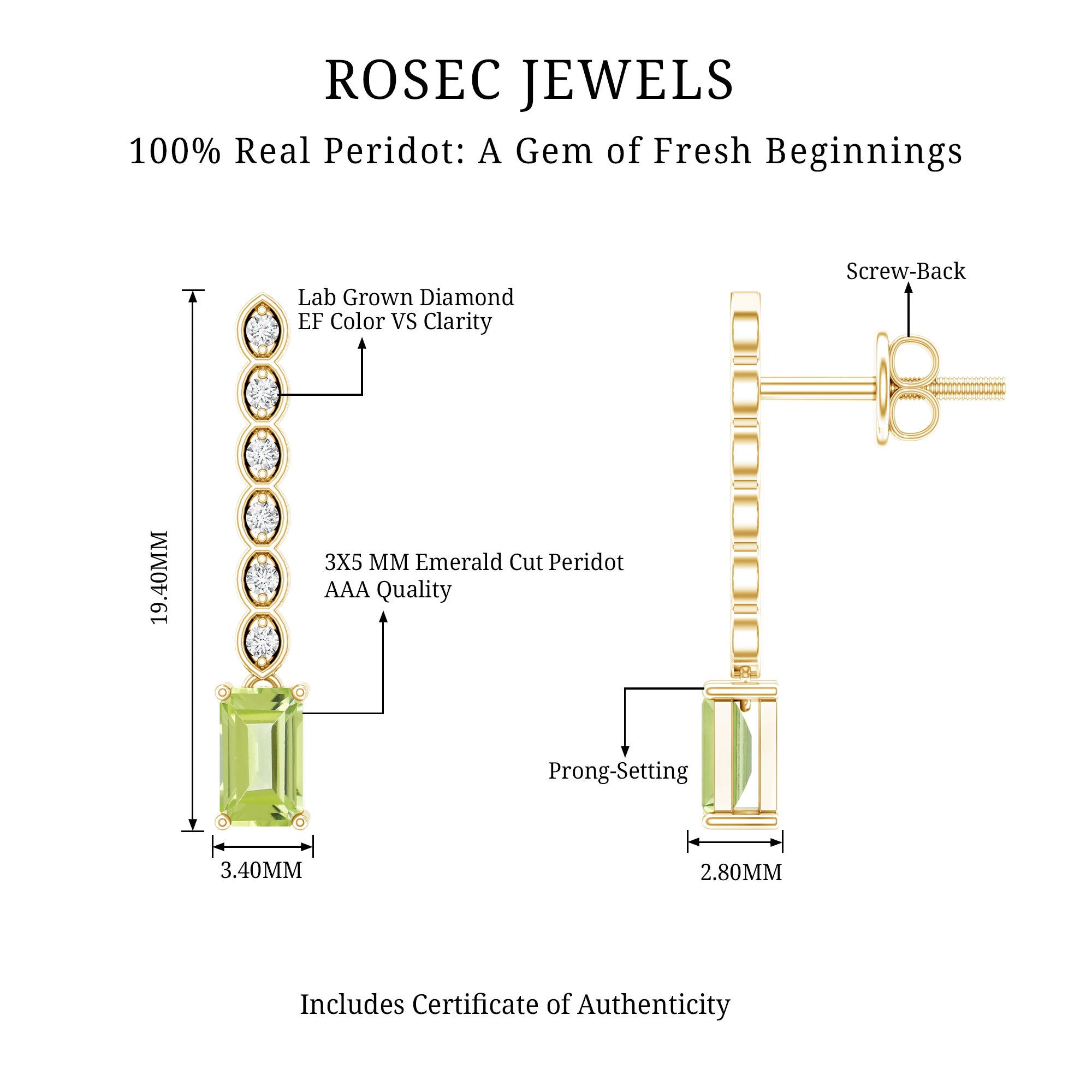 Certified Peridot and Diamond Drop Earrings in Gold Plated Silver AAA 14K Yellow Gold Plated Silver - Rosec Jewels
