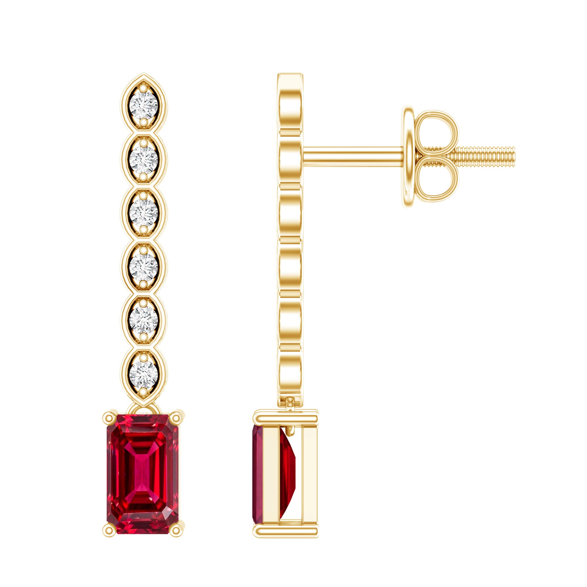 Lab Grown Ruby and Diamond Dangle Earrings For Women AAAA 14K Yellow Gold Plated Silver - Rosec Jewels