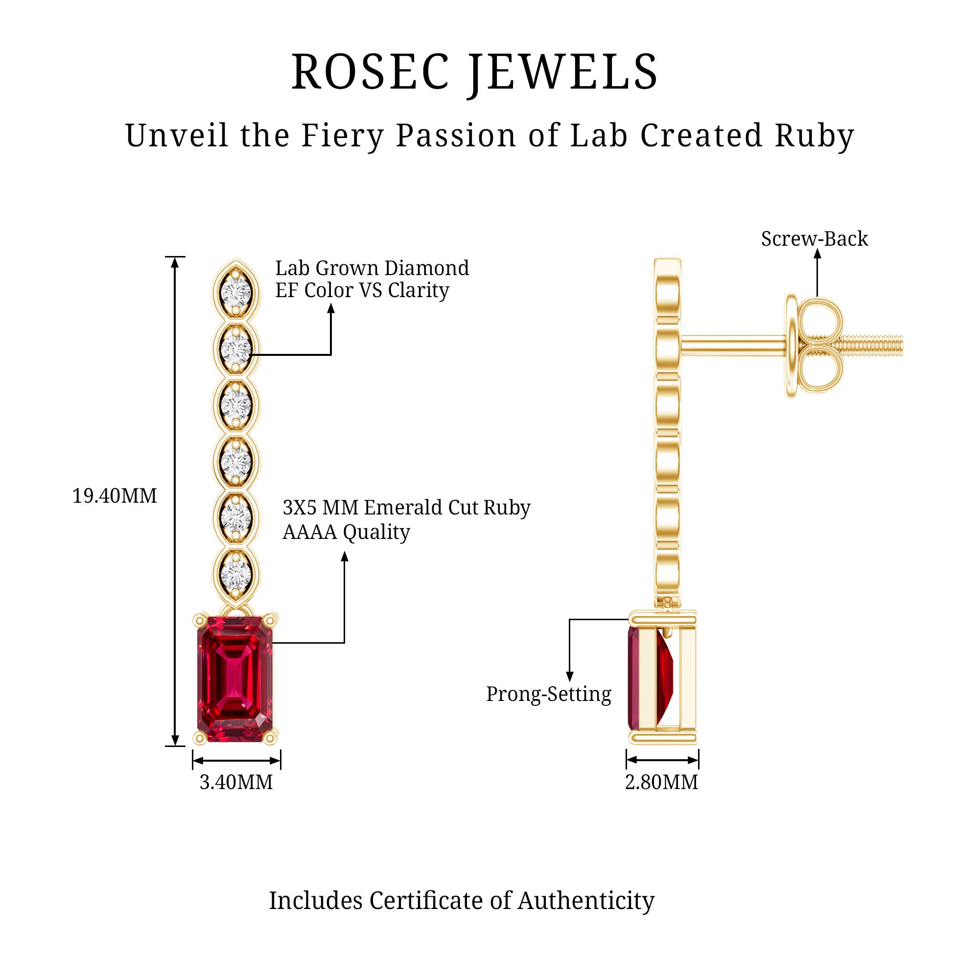 Lab Grown Ruby and Diamond Dangle Earrings For Women AAAA 14K Yellow Gold Plated Silver - Rosec Jewels