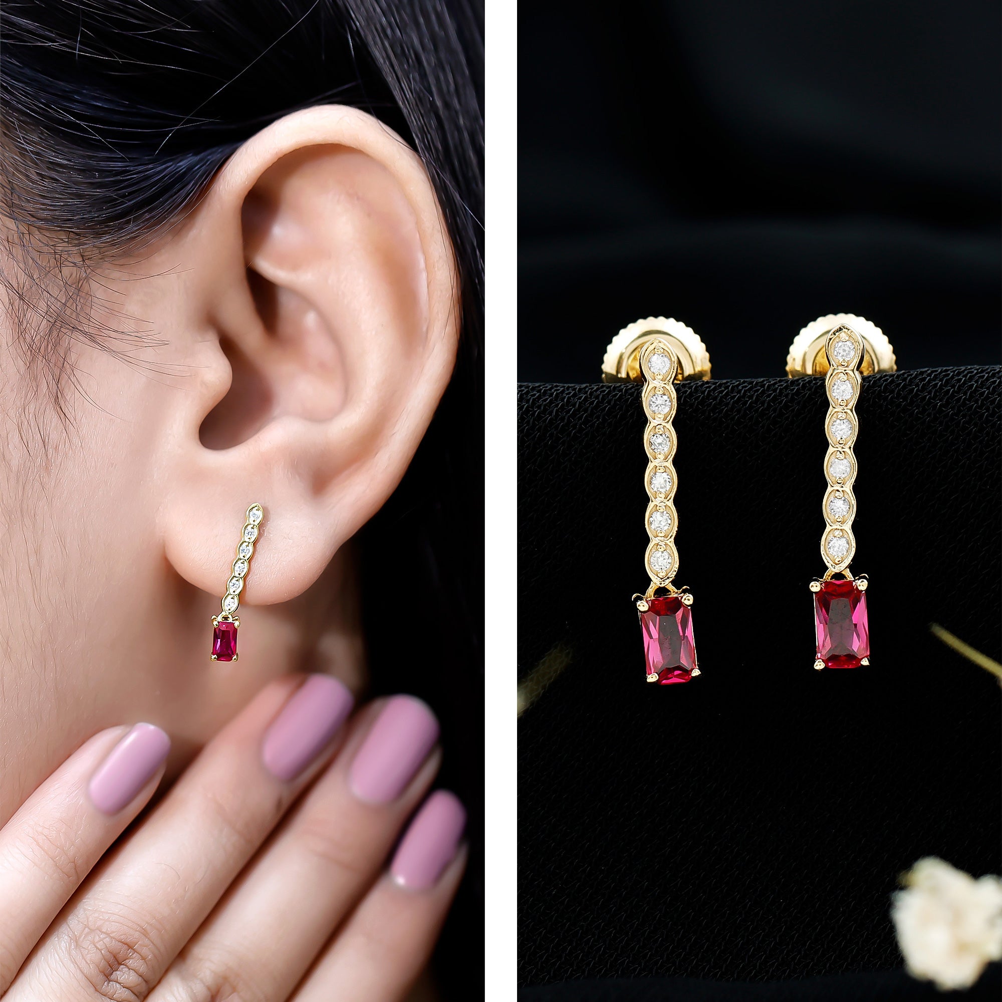 Lab Grown Ruby and Diamond Dangle Earrings For Women AAAA 14K Yellow Gold Plated Silver - Rosec Jewels