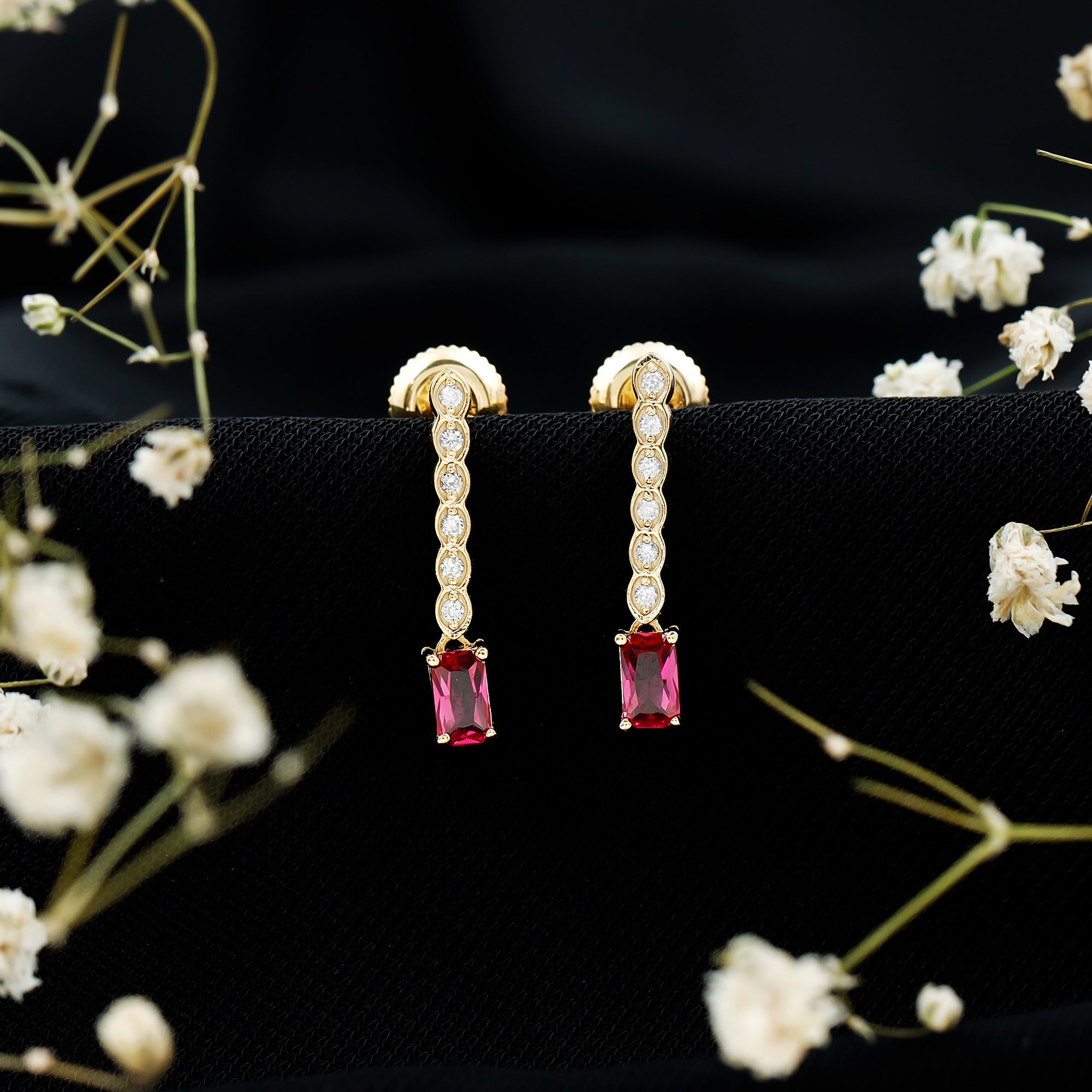 Lab Grown Ruby and Diamond Dangle Earrings For Women AAAA 14K Yellow Gold Plated Silver - Rosec Jewels