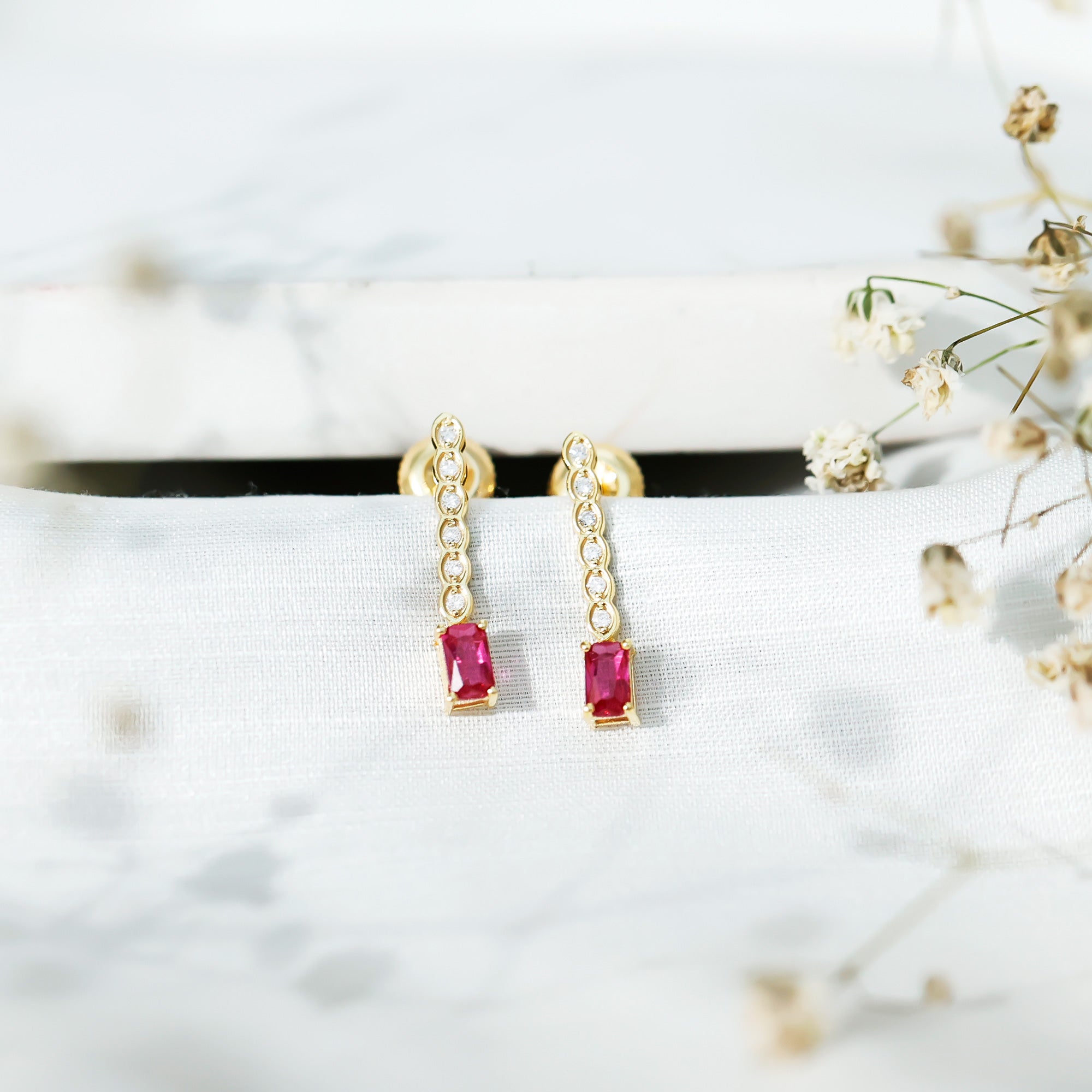 Lab Grown Ruby and Diamond Dangle Earrings For Women AAAA 14K Yellow Gold Plated Silver - Rosec Jewels
