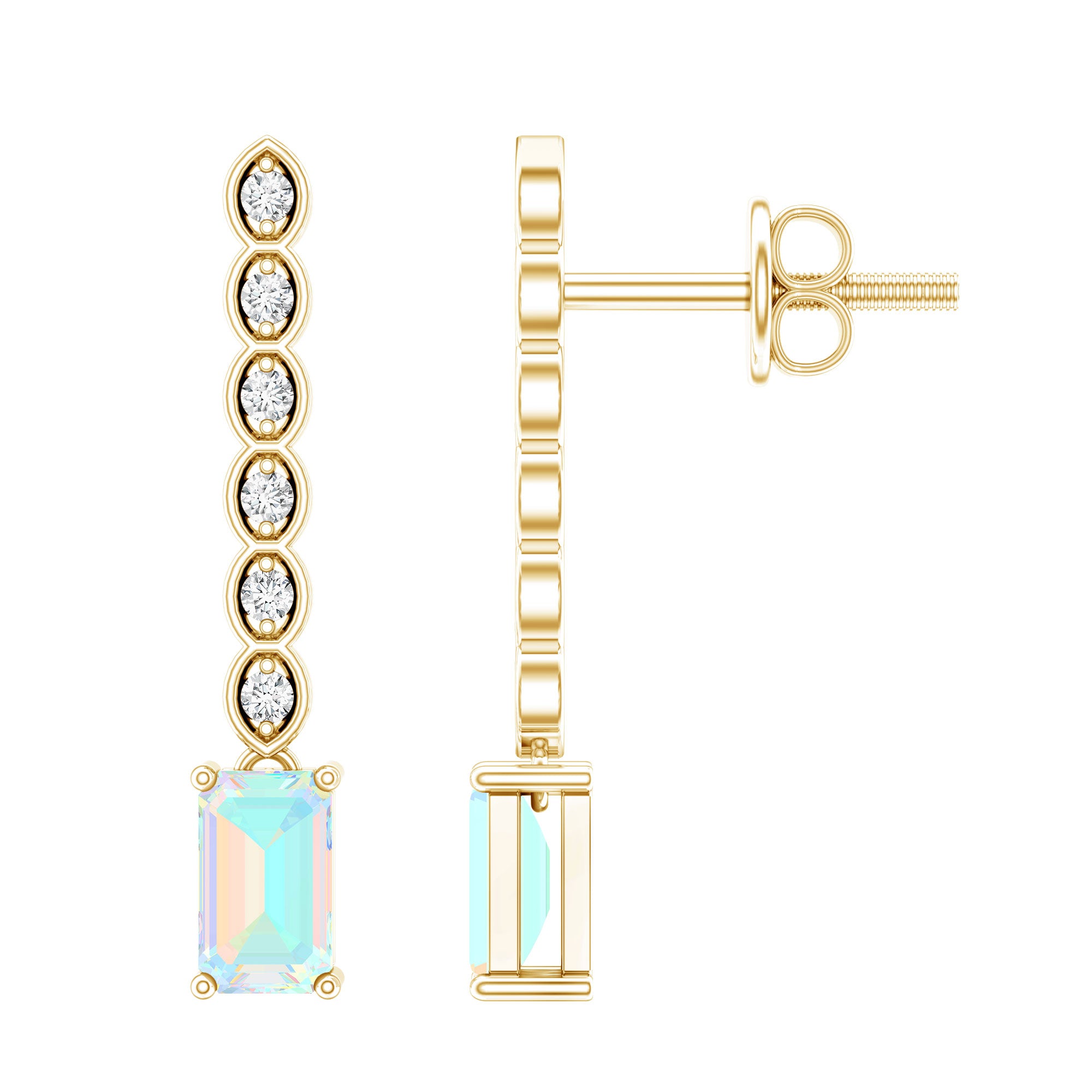 Emerald Cut Ethiopian Opal Drop Earrings with Lab Diamond AAA 14K Yellow Gold Plated Silver - Rosec Jewels