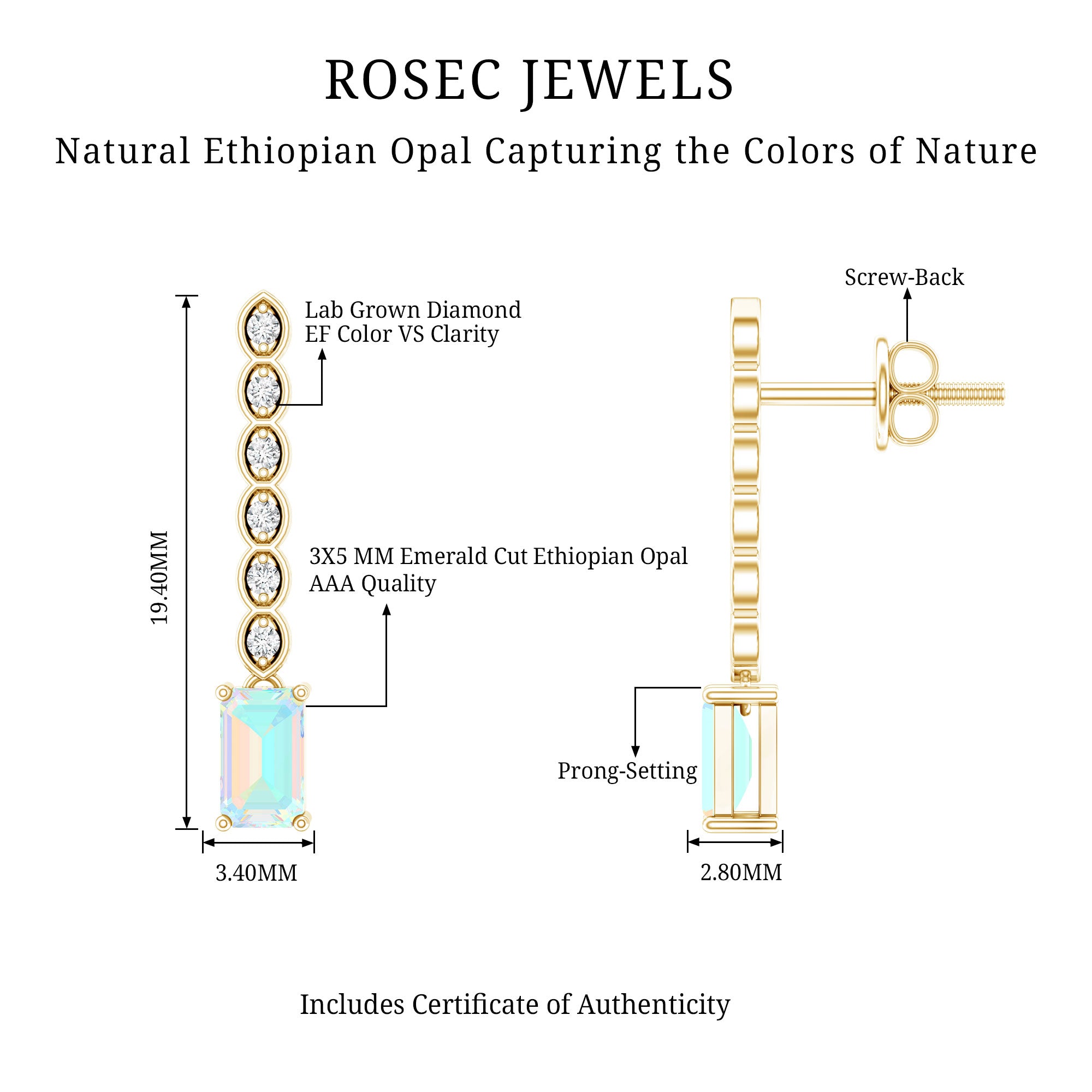 Emerald Cut Ethiopian Opal Drop Earrings with Lab Diamond AAA 14K Yellow Gold Plated Silver - Rosec Jewels