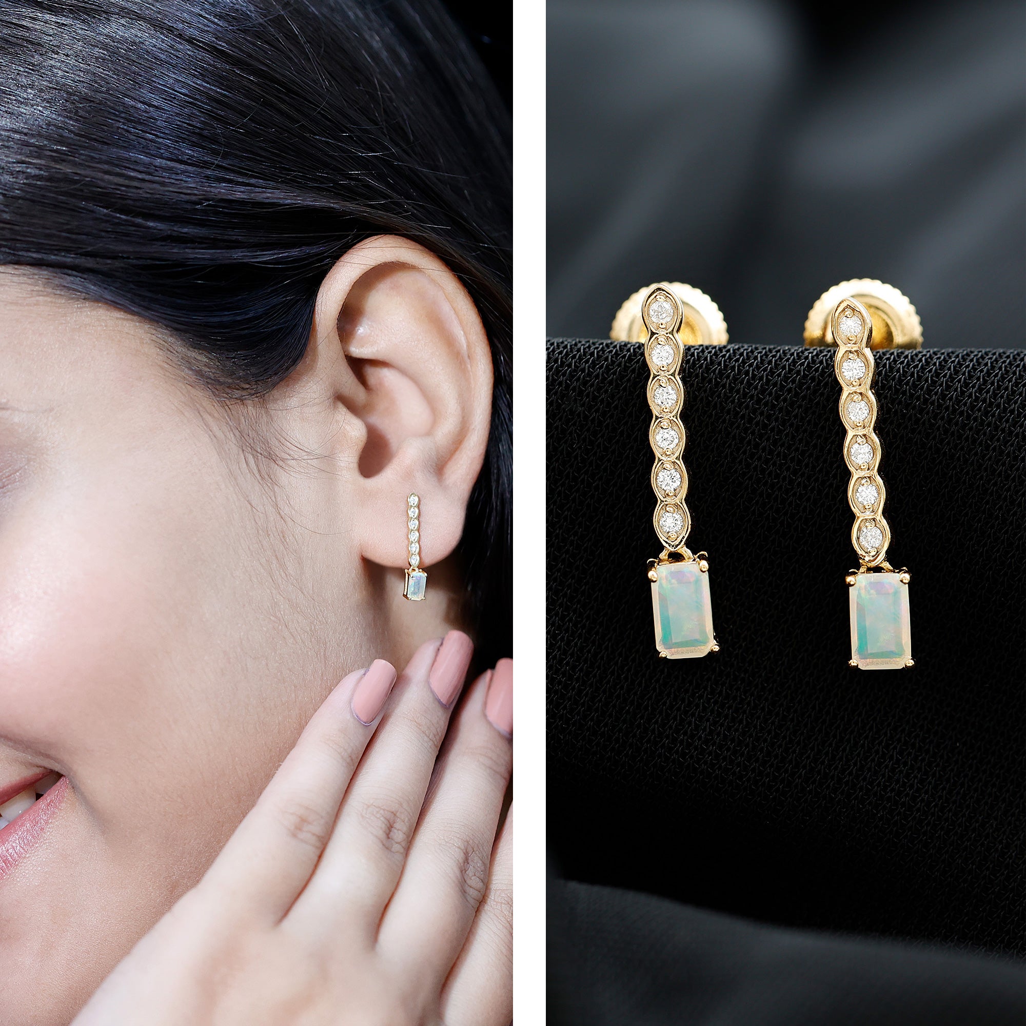 Emerald Cut Ethiopian Opal Drop Earrings with Lab Diamond AAA 14K Yellow Gold Plated Silver - Rosec Jewels