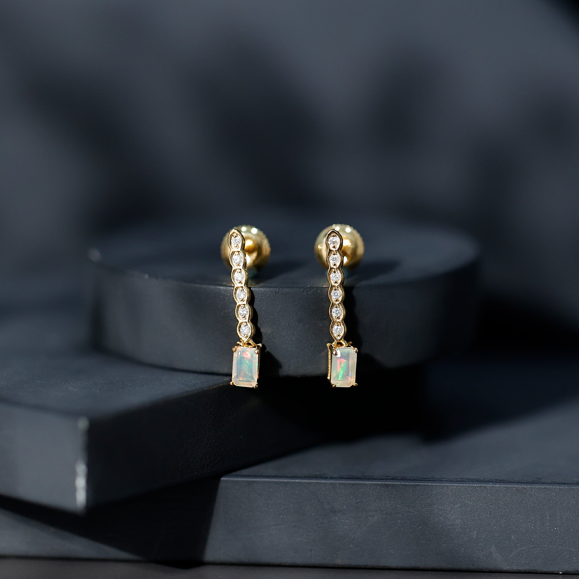 Emerald Cut Ethiopian Opal Drop Earrings with Lab Diamond AAA 14K Yellow Gold Plated Silver - Rosec Jewels