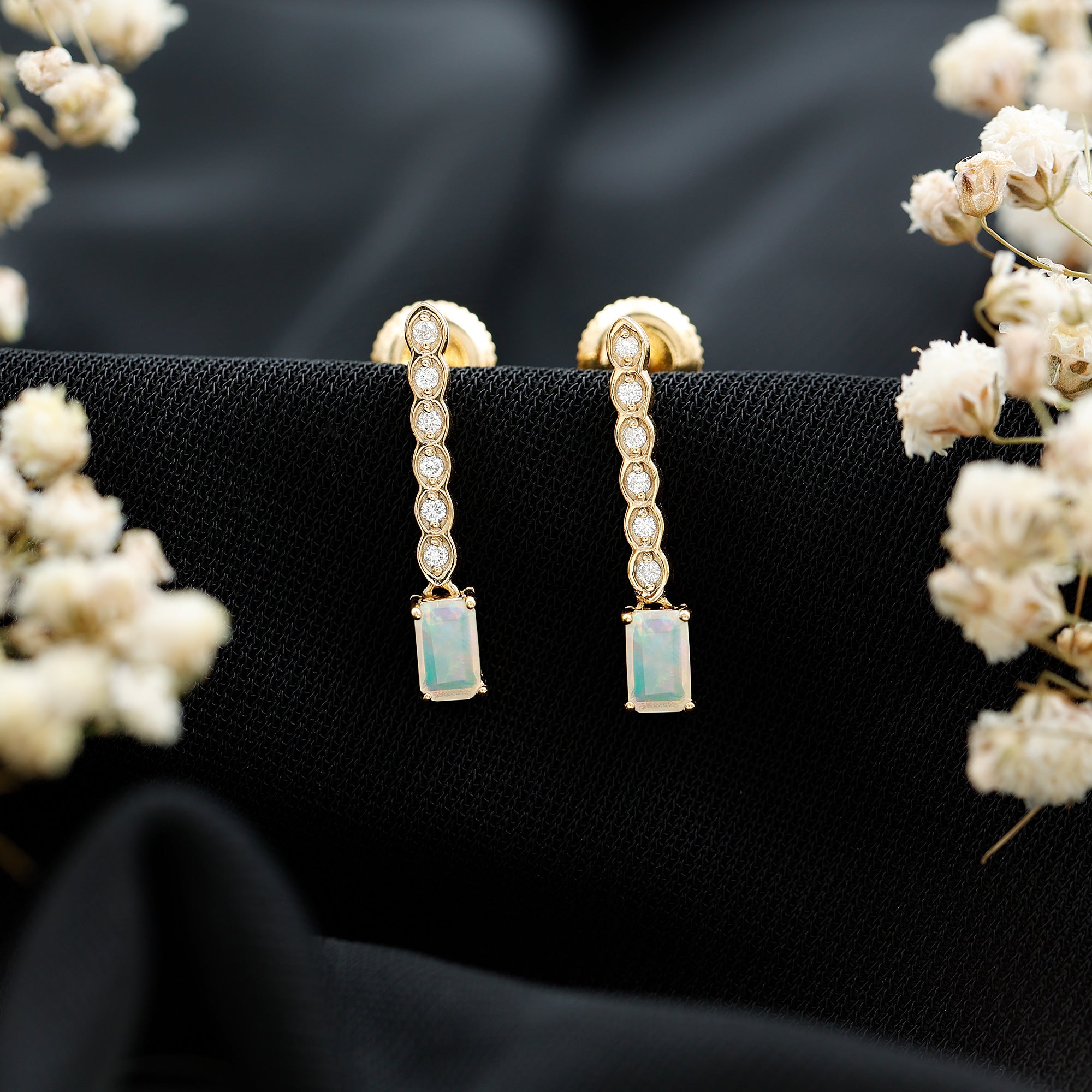 Emerald Cut Ethiopian Opal Drop Earrings with Lab Diamond AAA 14K Yellow Gold Plated Silver - Rosec Jewels