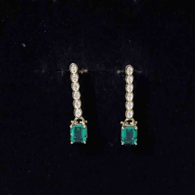 Antique Looking Lab Grown Emerald and Diamond Dangle Drop Earrings AAAA 14K Yellow Gold Plated Silver - Rosec Jewels