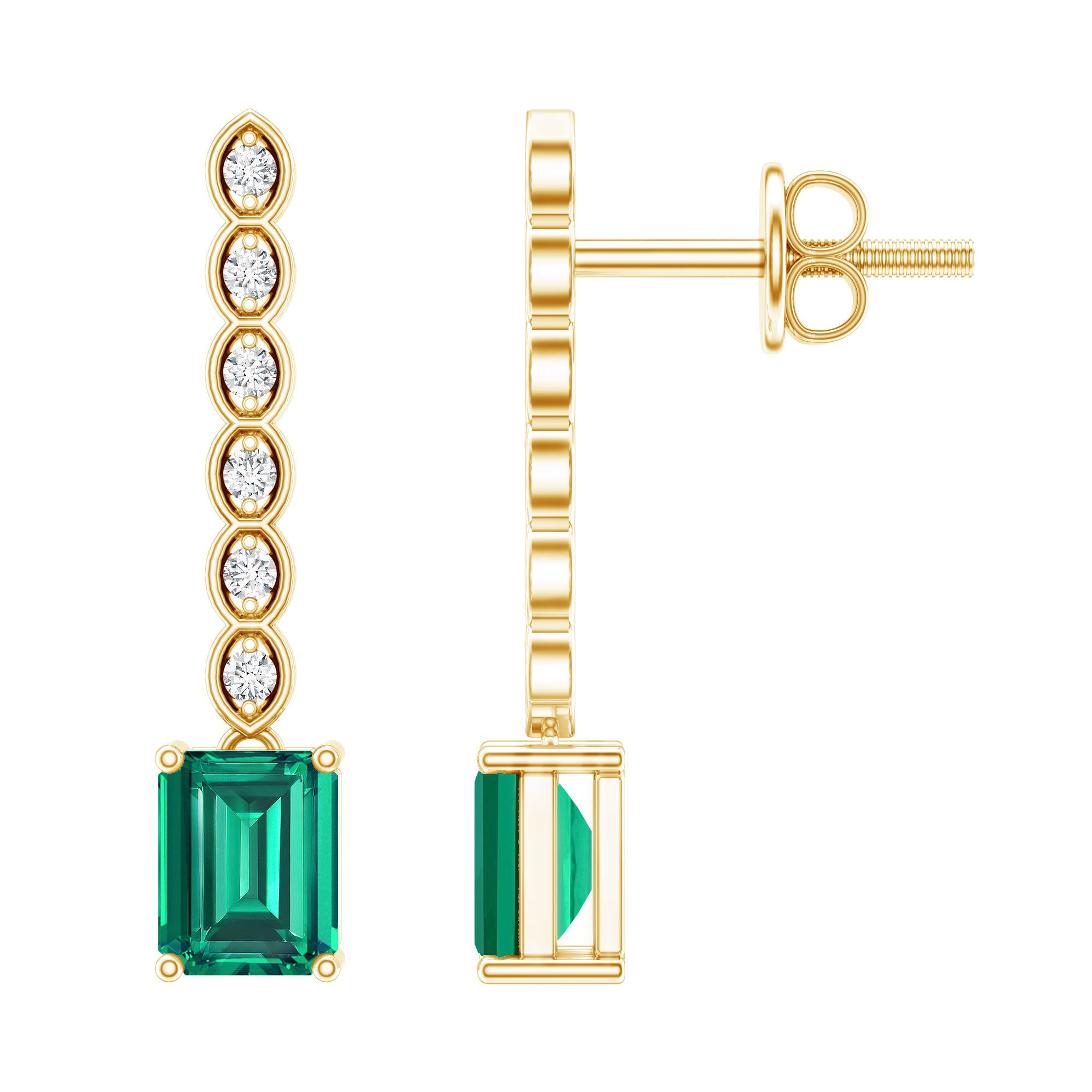 Antique Looking Lab Grown Emerald and Diamond Dangle Drop Earrings AAAA 14K Yellow Gold Plated Silver - Rosec Jewels