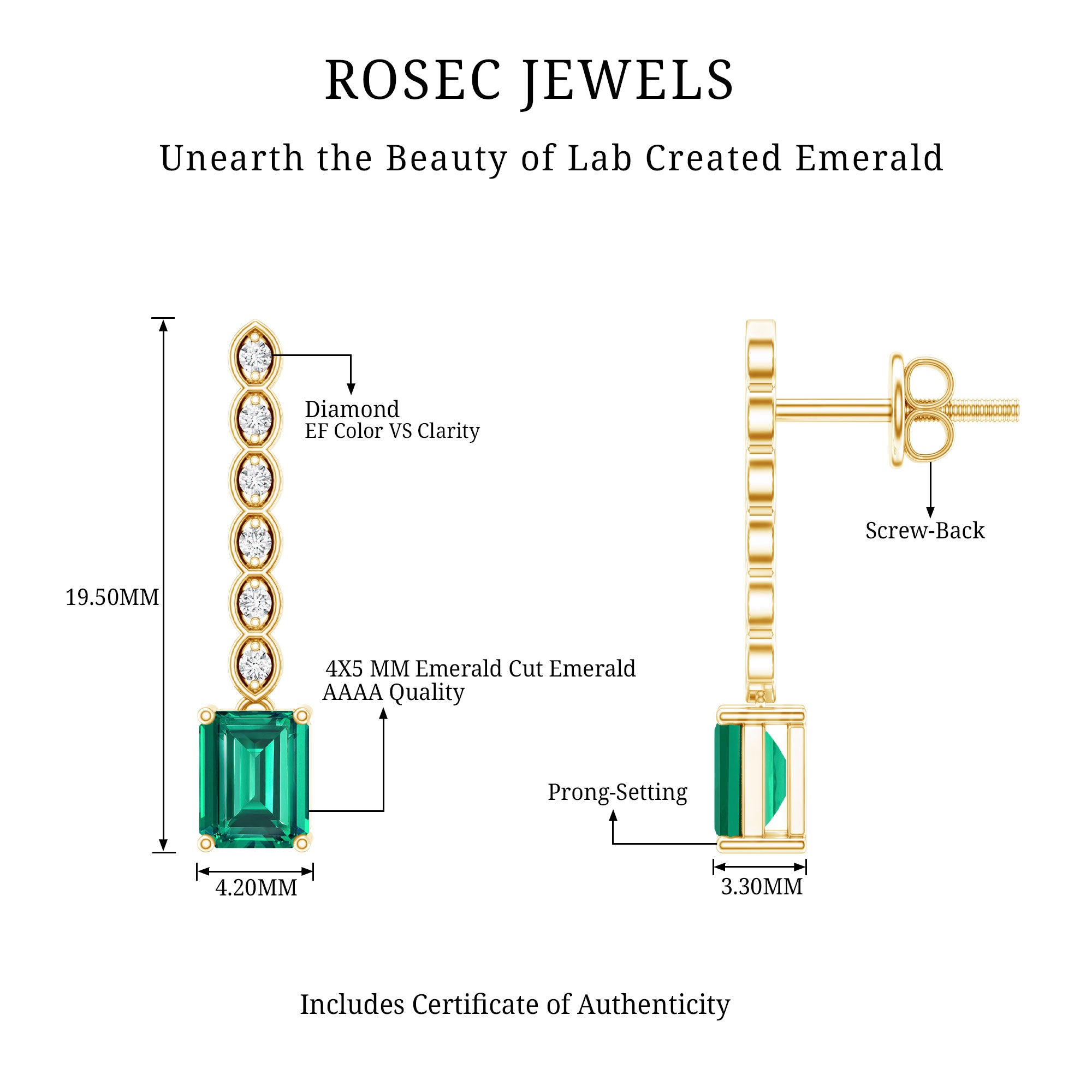 Antique Looking Lab Grown Emerald and Diamond Dangle Drop Earrings AAAA 14K Yellow Gold Plated Silver - Rosec Jewels