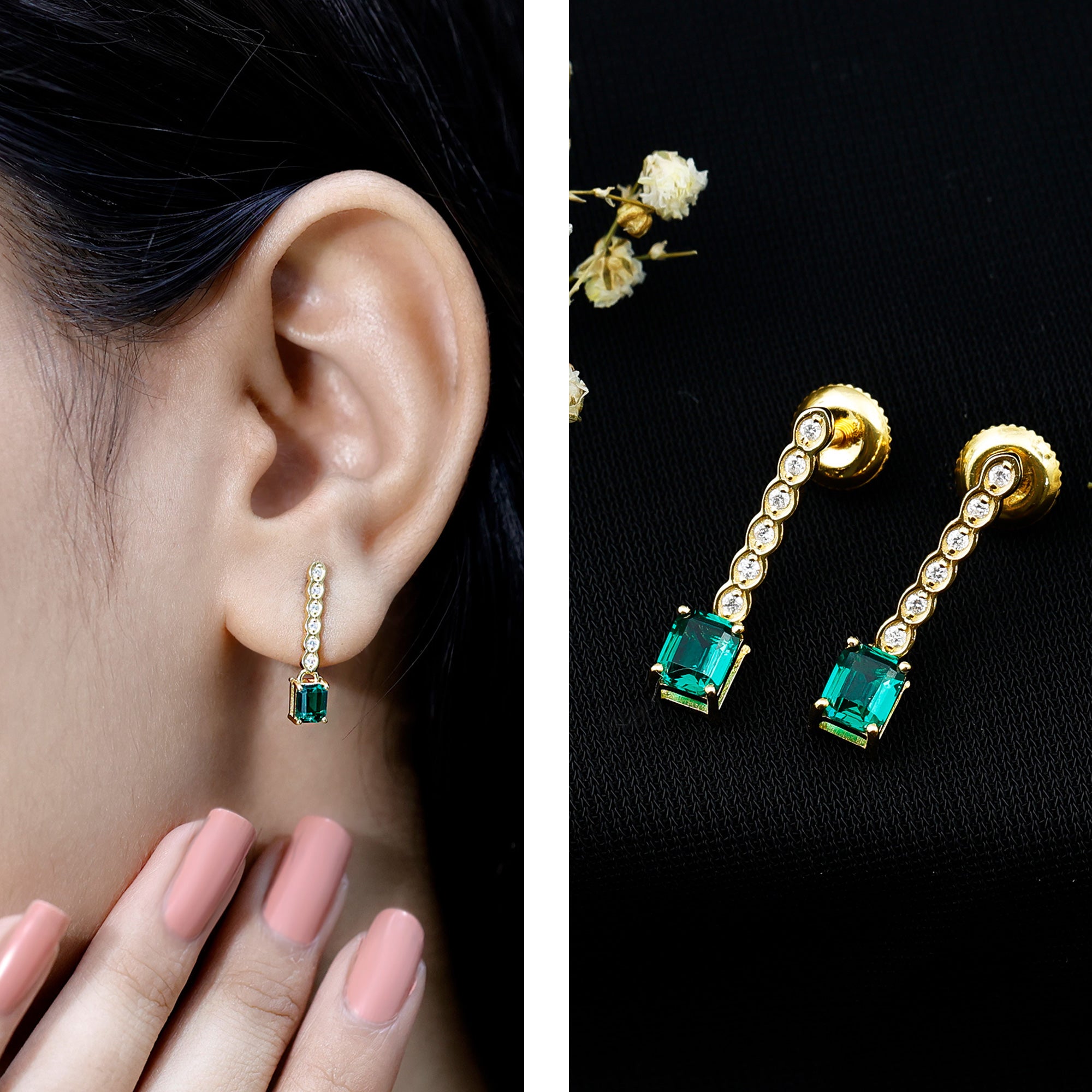 Antique Looking Lab Grown Emerald and Diamond Dangle Drop Earrings AAAA 14K Yellow Gold Plated Silver - Rosec Jewels